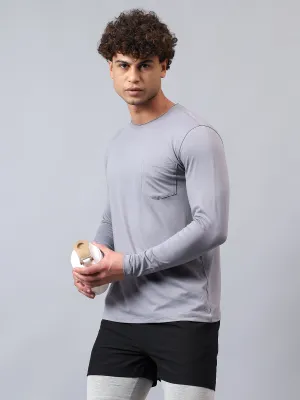 Fitkin men's grey raw edge neck style long sleeevs t-shirt