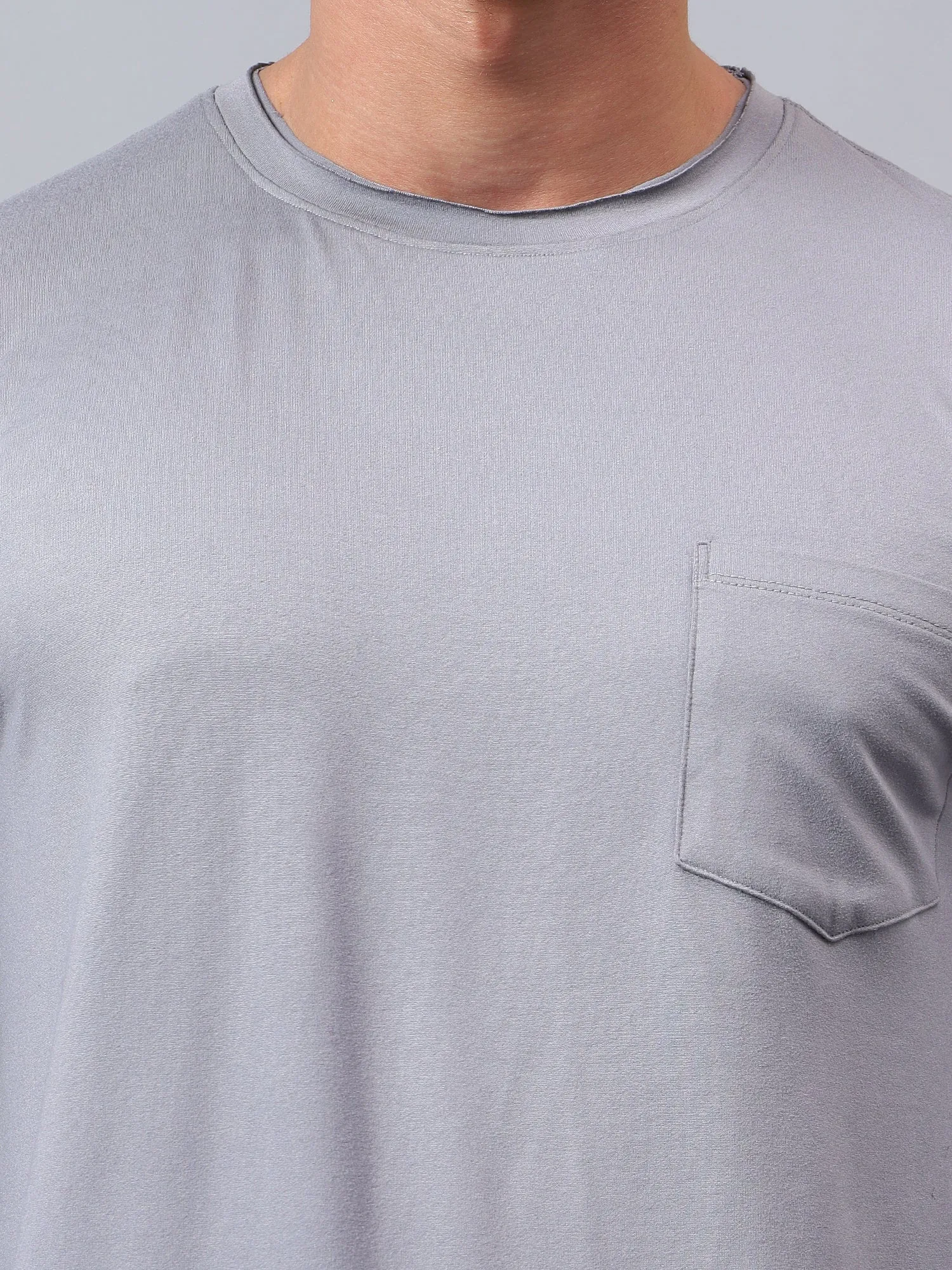 Fitkin men's grey raw edge neck style long sleeevs t-shirt