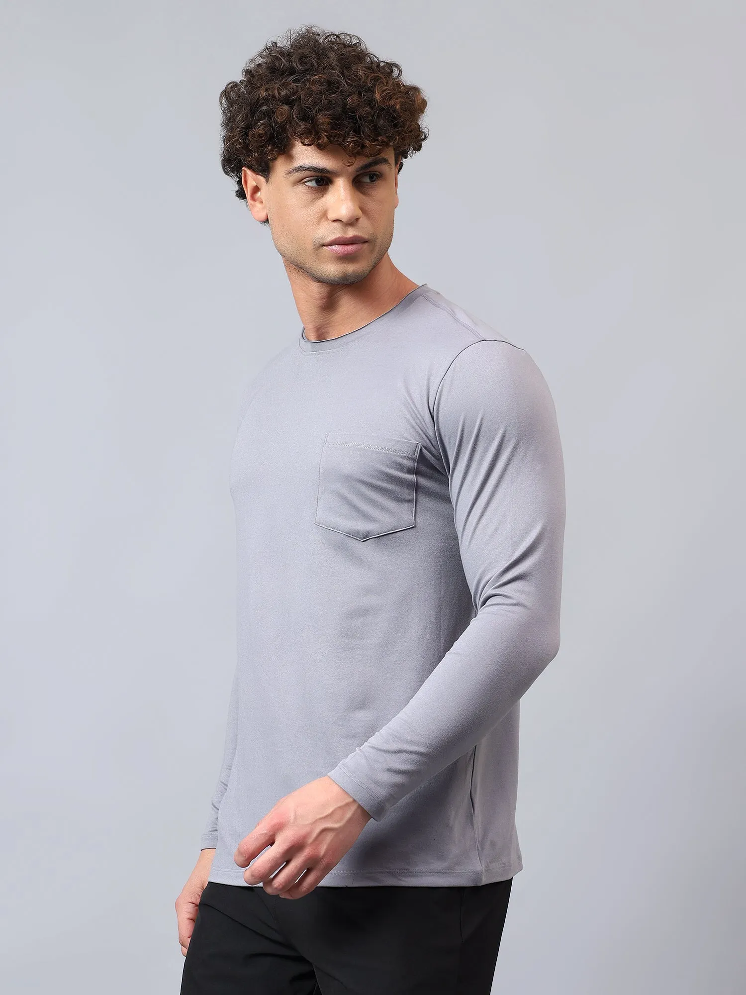 Fitkin men's grey raw edge neck style long sleeevs t-shirt