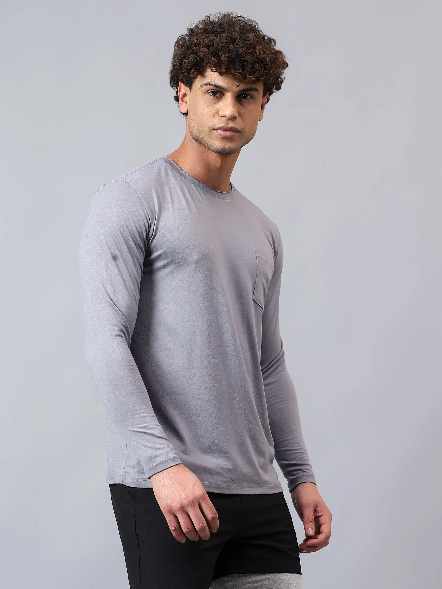 Fitkin men's grey raw edge neck style long sleeevs t-shirt