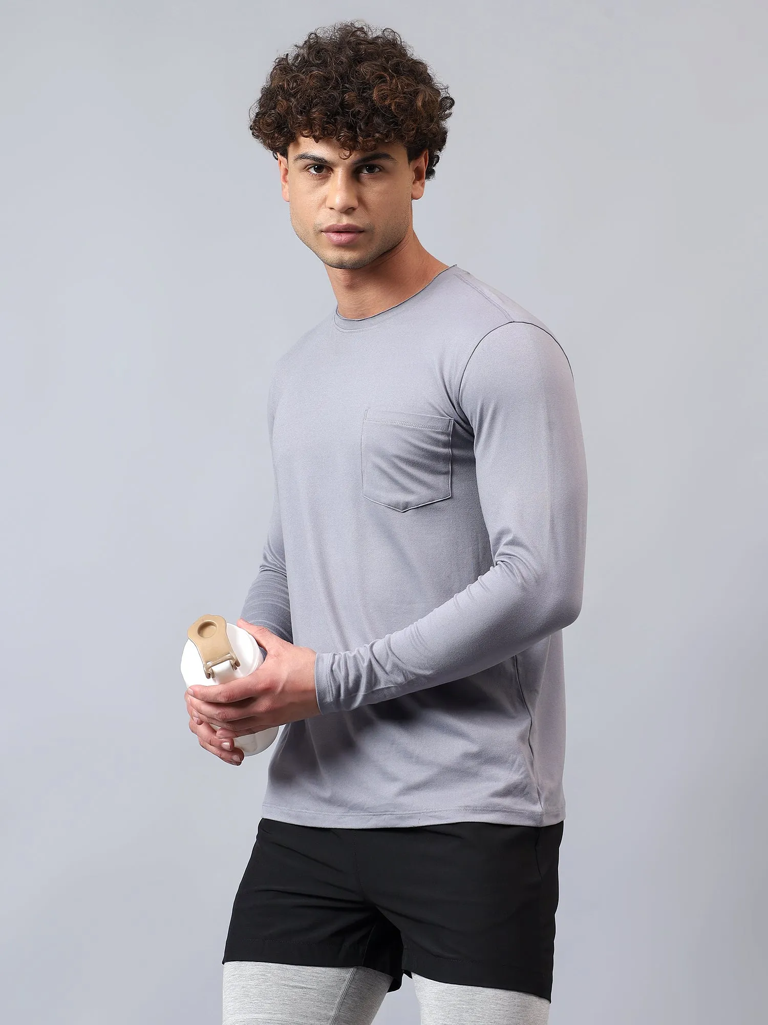 Fitkin men's grey raw edge neck style long sleeevs t-shirt