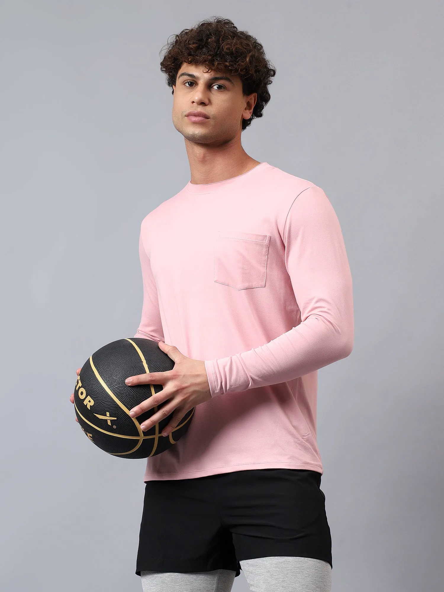 Fitkin men's nude pink raw edge neck style long sleeevs t-shirt