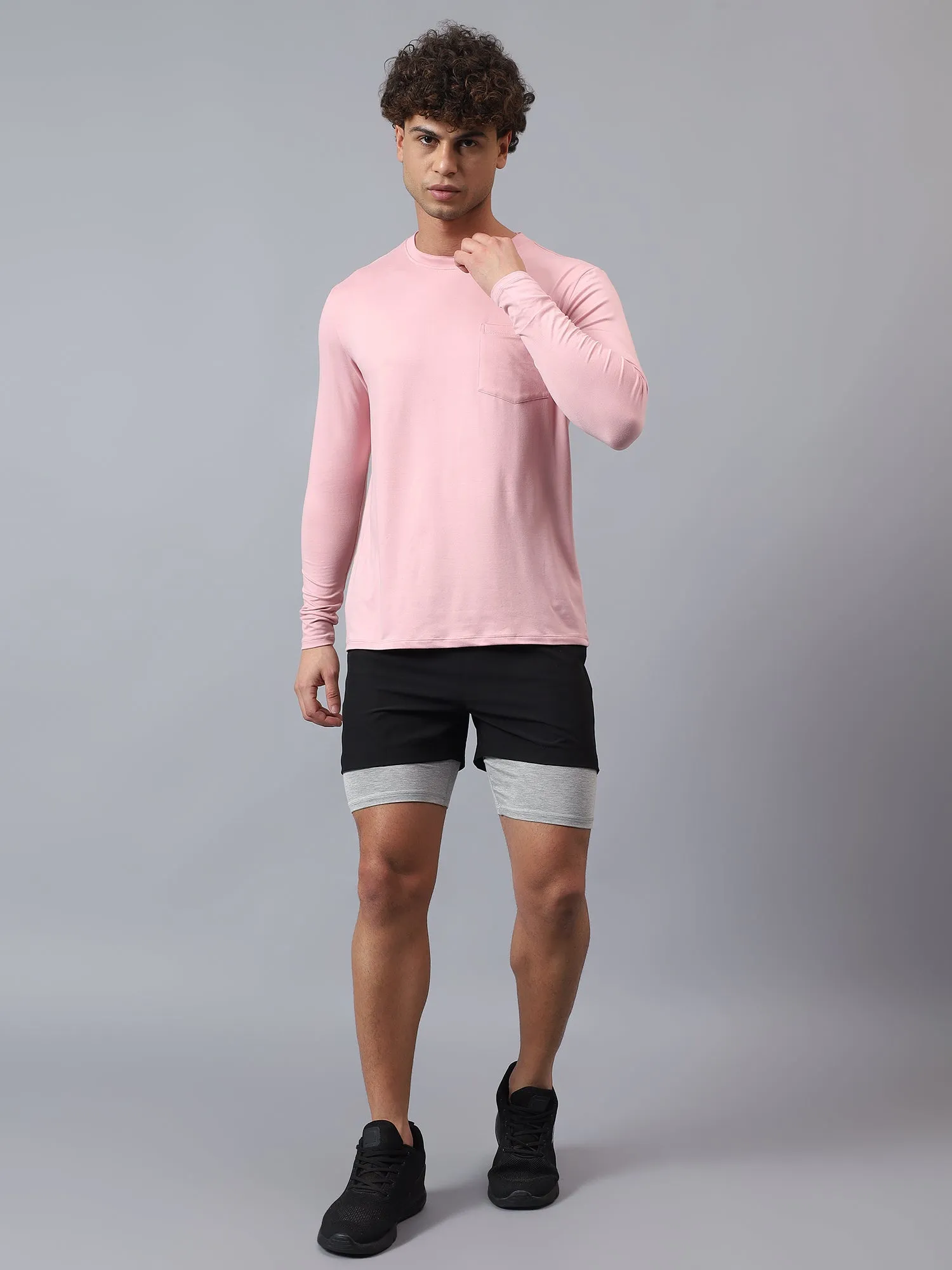 Fitkin men's nude pink raw edge neck style long sleeevs t-shirt