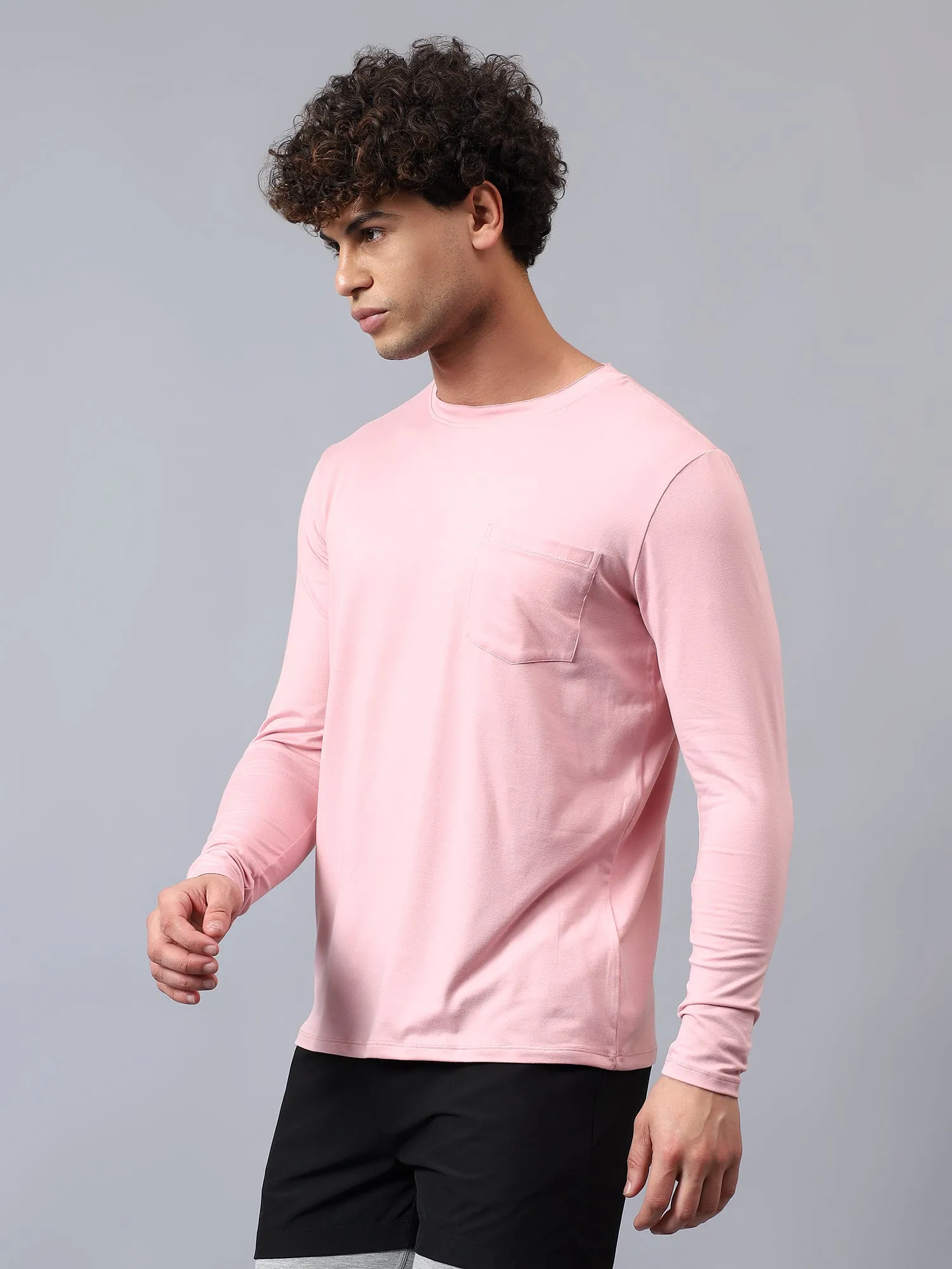 Fitkin men's nude pink raw edge neck style long sleeevs t-shirt