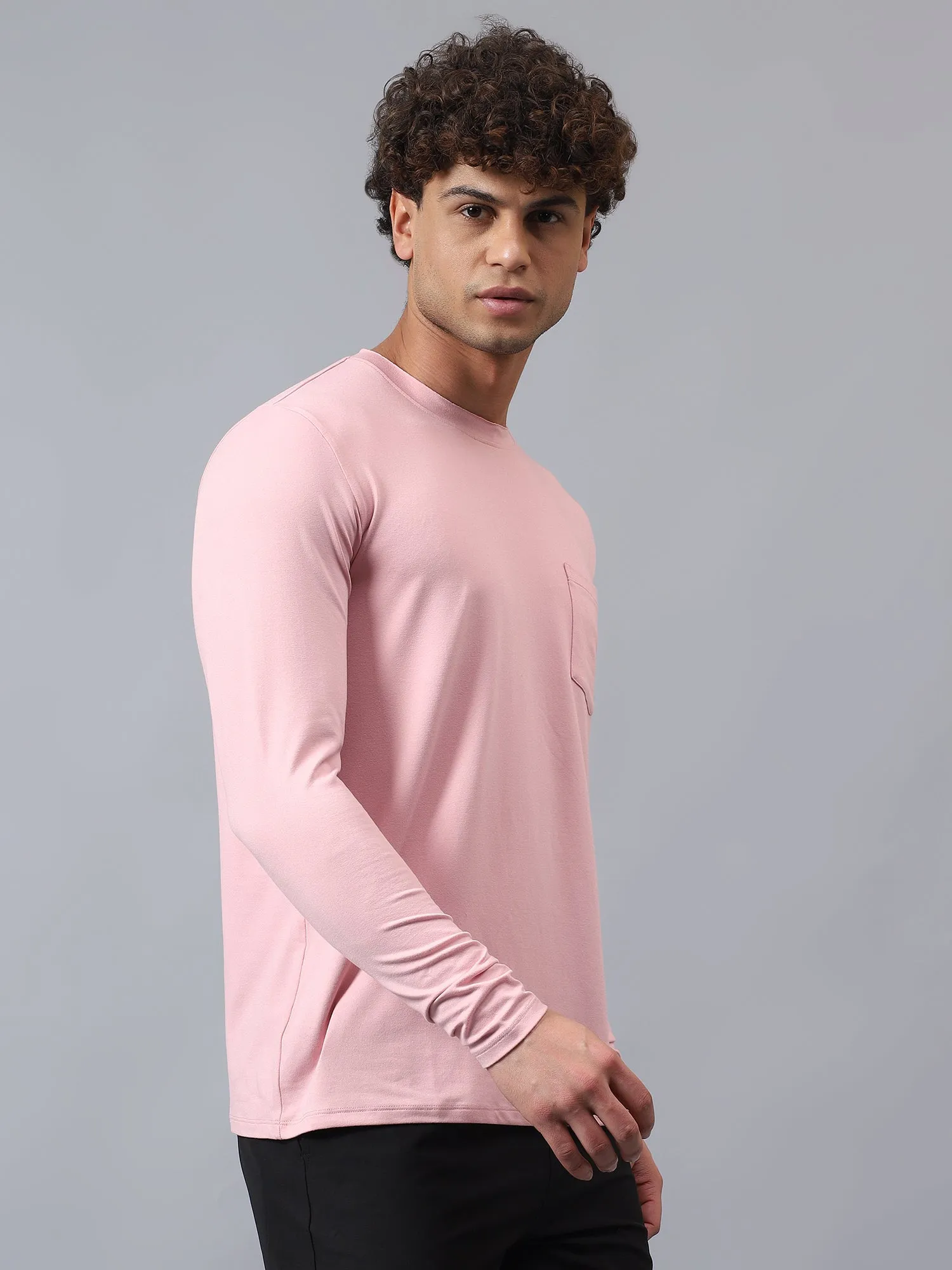 Fitkin men's nude pink raw edge neck style long sleeevs t-shirt