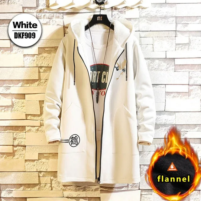 Fleece Jacket Winter Parkas Men 5XL Print Military Japanese Hooded Long Trench Coat Black Hip Hop Streetwear Thick Men's Jackets