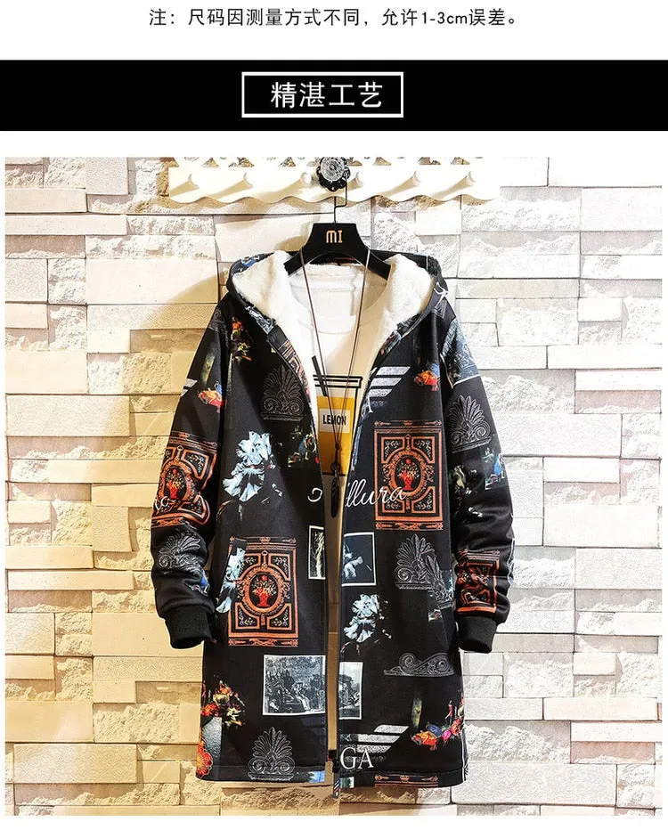 Fleece Jacket Winter Parkas Men 5XL Print Military Japanese Hooded Long Trench Coat Black Hip Hop Streetwear Thick Men's Jackets