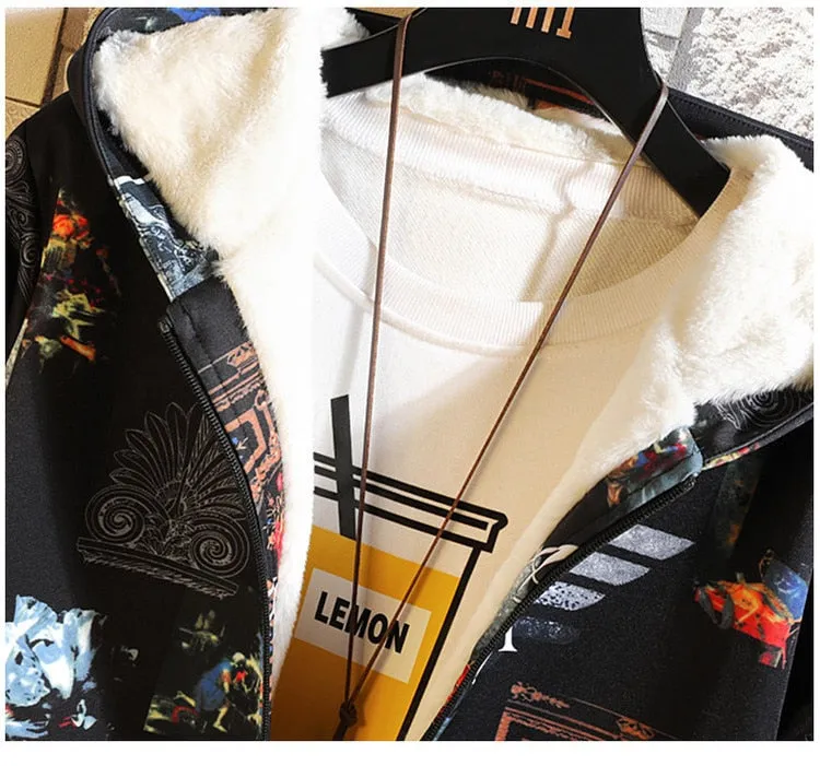 Fleece Jacket Winter Parkas Men 5XL Print Military Japanese Hooded Long Trench Coat Black Hip Hop Streetwear Thick Men's Jackets