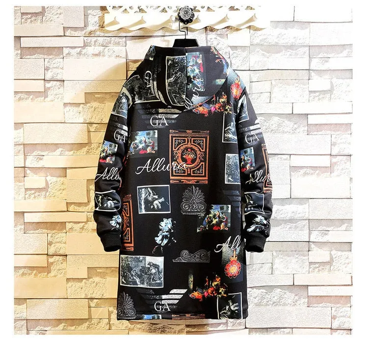 Fleece Jacket Winter Parkas Men 5XL Print Military Japanese Hooded Long Trench Coat Black Hip Hop Streetwear Thick Men's Jackets