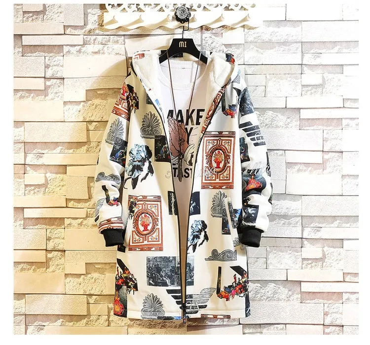 Fleece Jacket Winter Parkas Men 5XL Print Military Japanese Hooded Long Trench Coat Black Hip Hop Streetwear Thick Men's Jackets