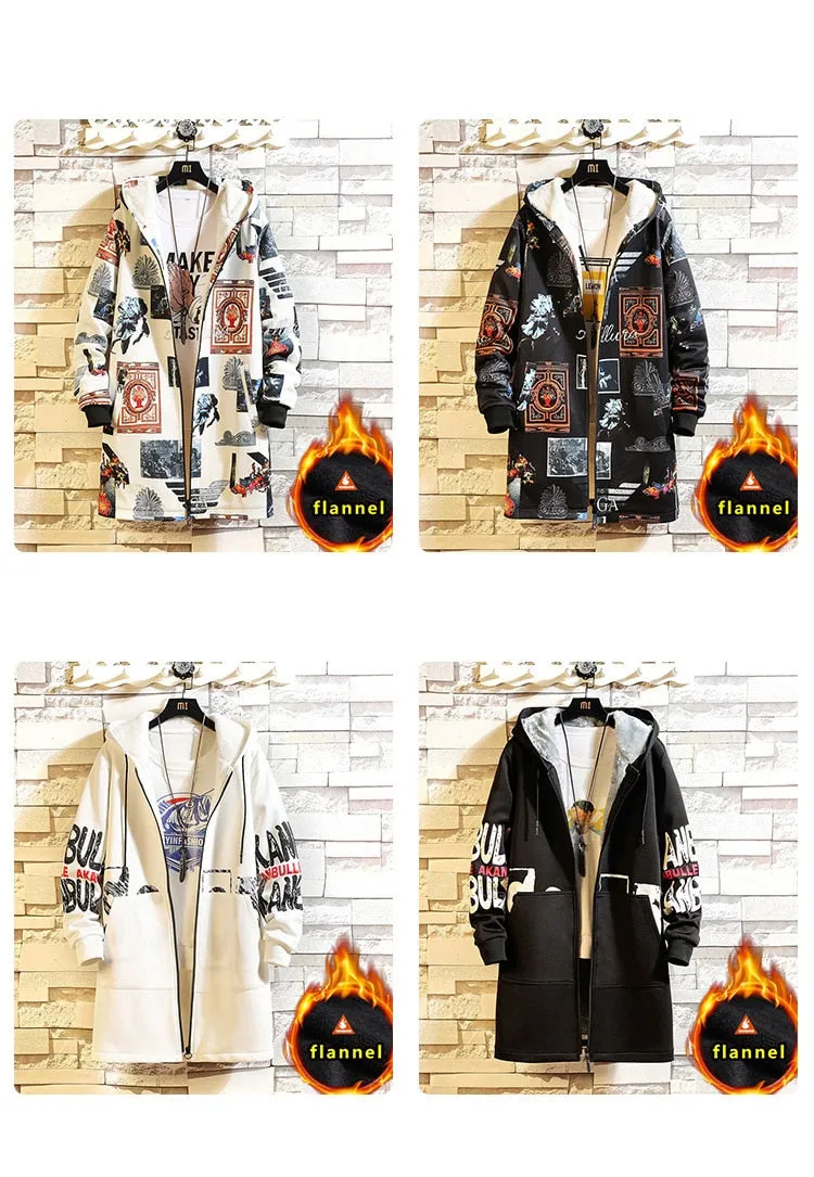 Fleece Jacket Winter Parkas Men 5XL Print Military Japanese Hooded Long Trench Coat Black Hip Hop Streetwear Thick Men's Jackets