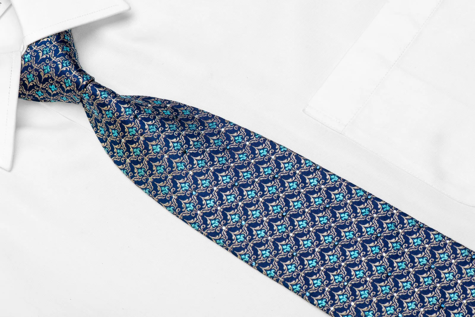 Fleur de lis & Cartouche On Blue Rhinestone Silk Tie