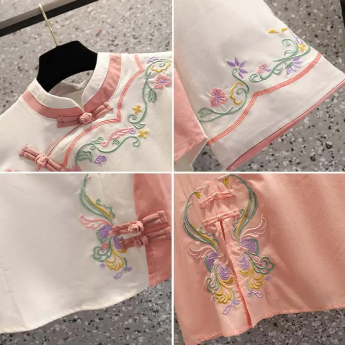 Floral Embroidery Buckle Vintage Top Skirt Set