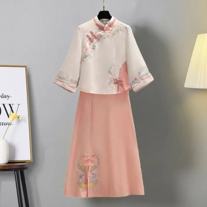 Floral Embroidery Buckle Vintage Top Skirt Set