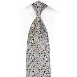 Floral On Silver Rhinestone Silk Necktie