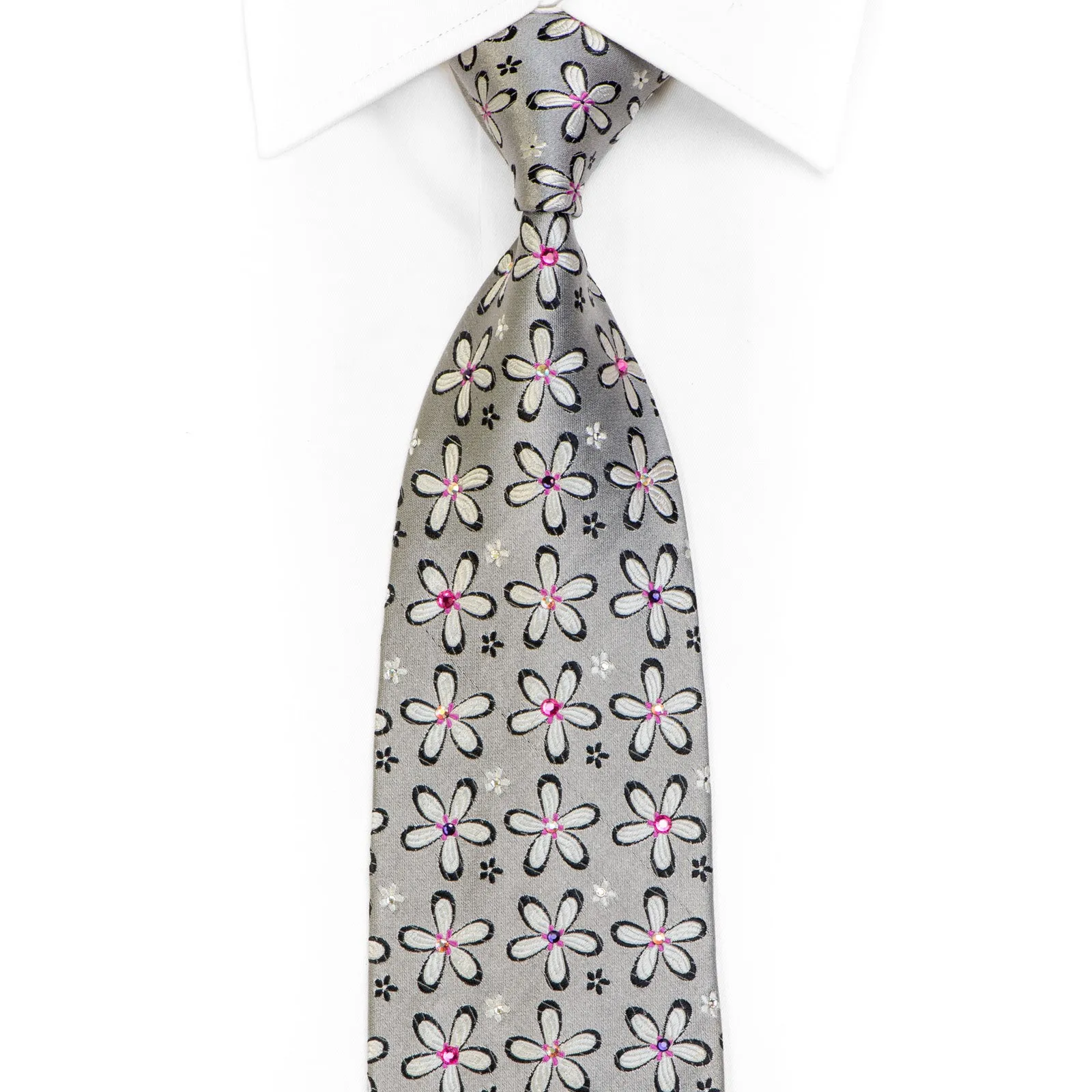 Floral On Silver Rhinestone Silk Necktie