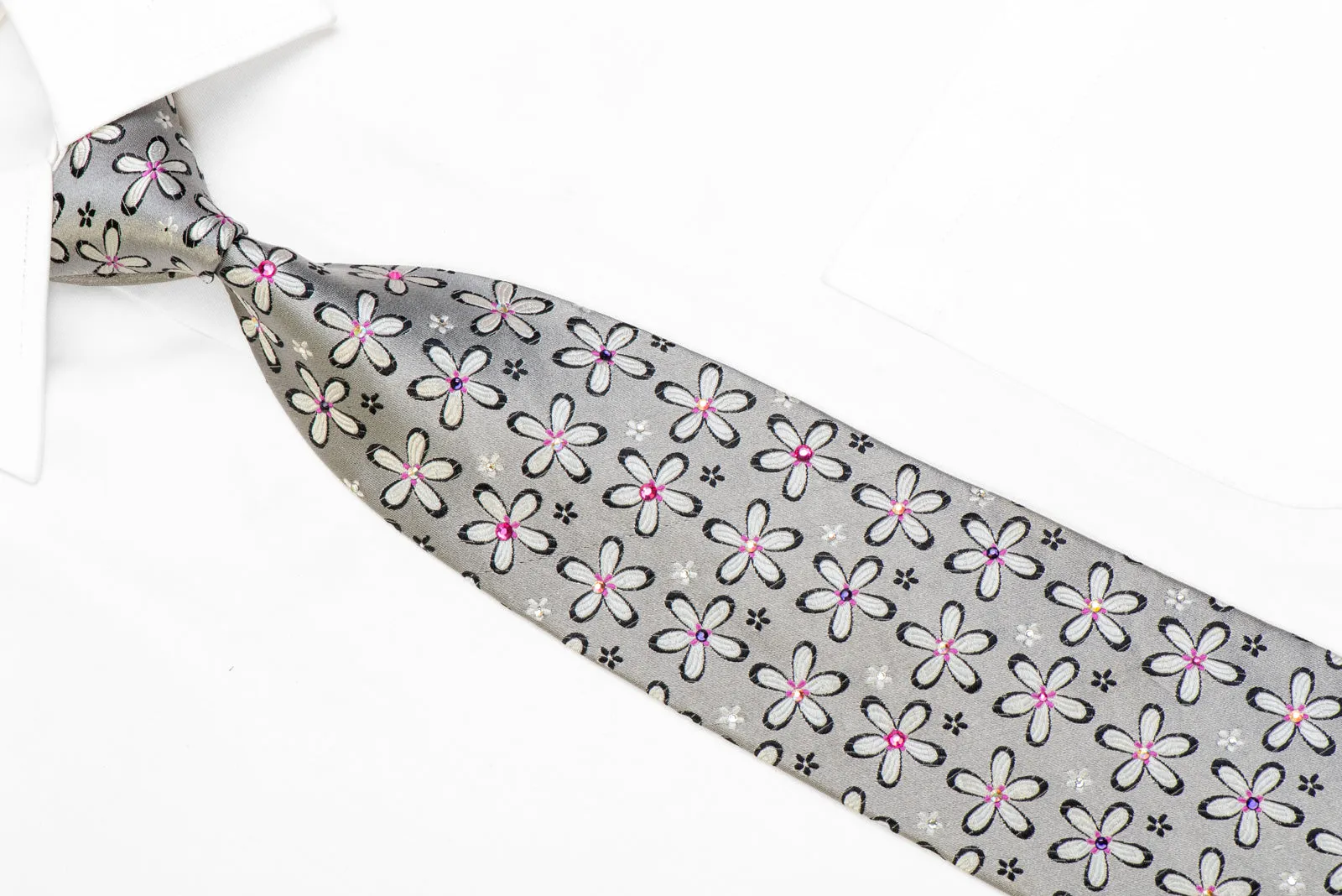 Floral On Silver Rhinestone Silk Necktie