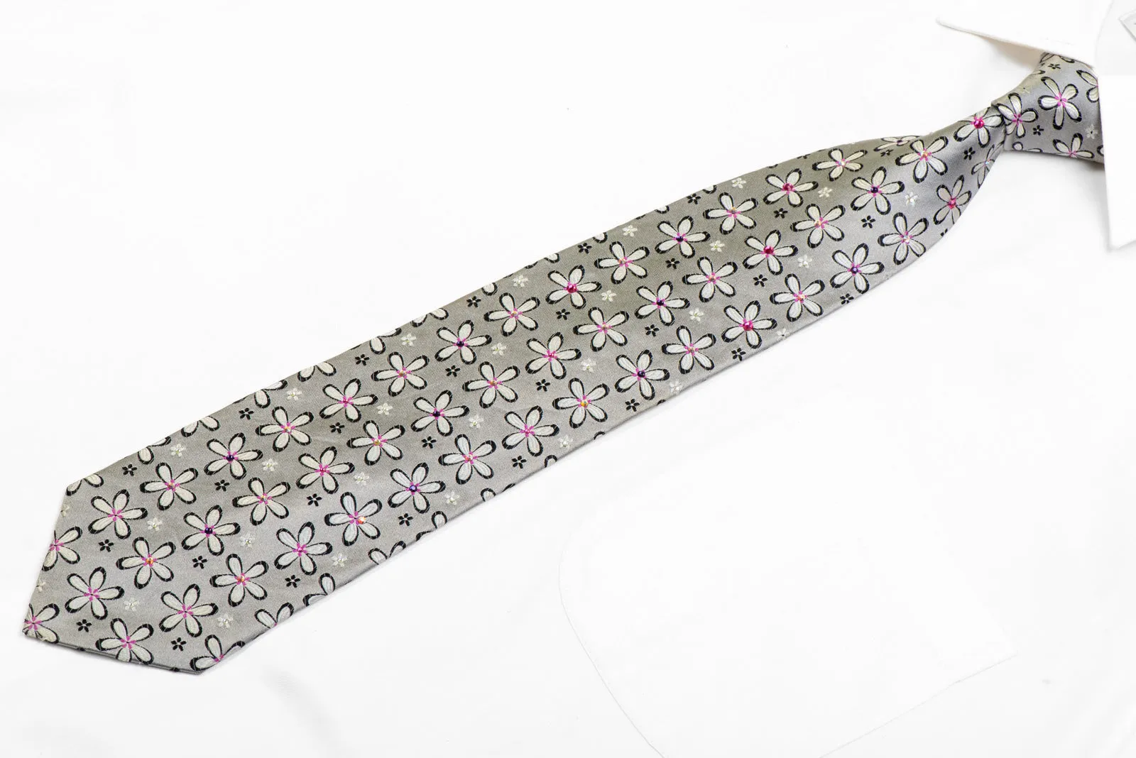 Floral On Silver Rhinestone Silk Necktie