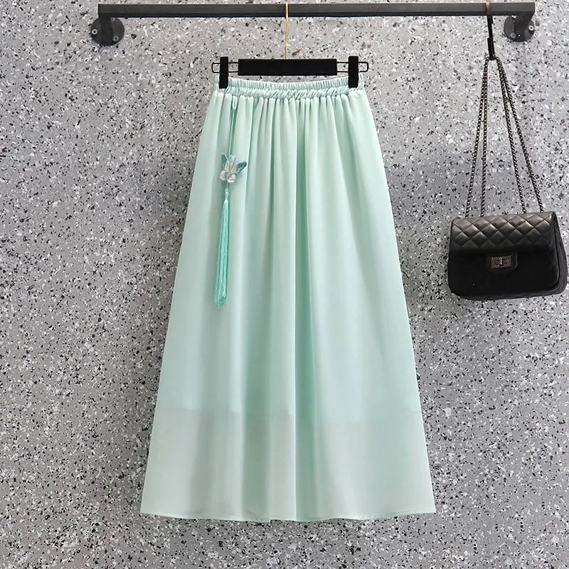 Floral Stand Collar Button Slim Vintage Top Skirt Set