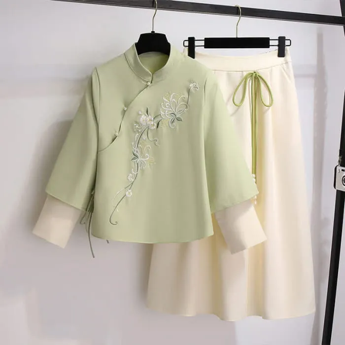 Flower Embroidery Sweatshirt Lace Up Skirt