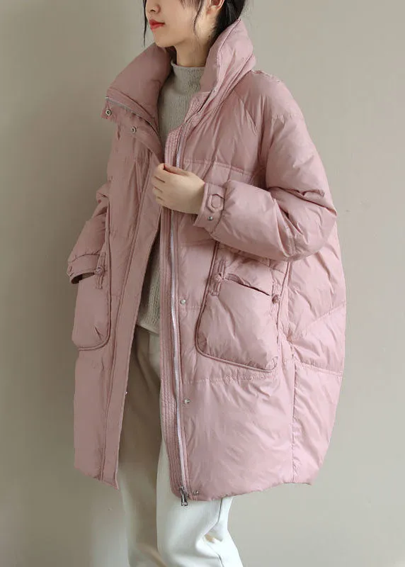 French Pink Zippered Oriental Button Duck Down Puffer Coat Winter