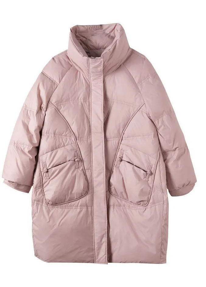 French Pink Zippered Oriental Button Duck Down Puffer Coat Winter