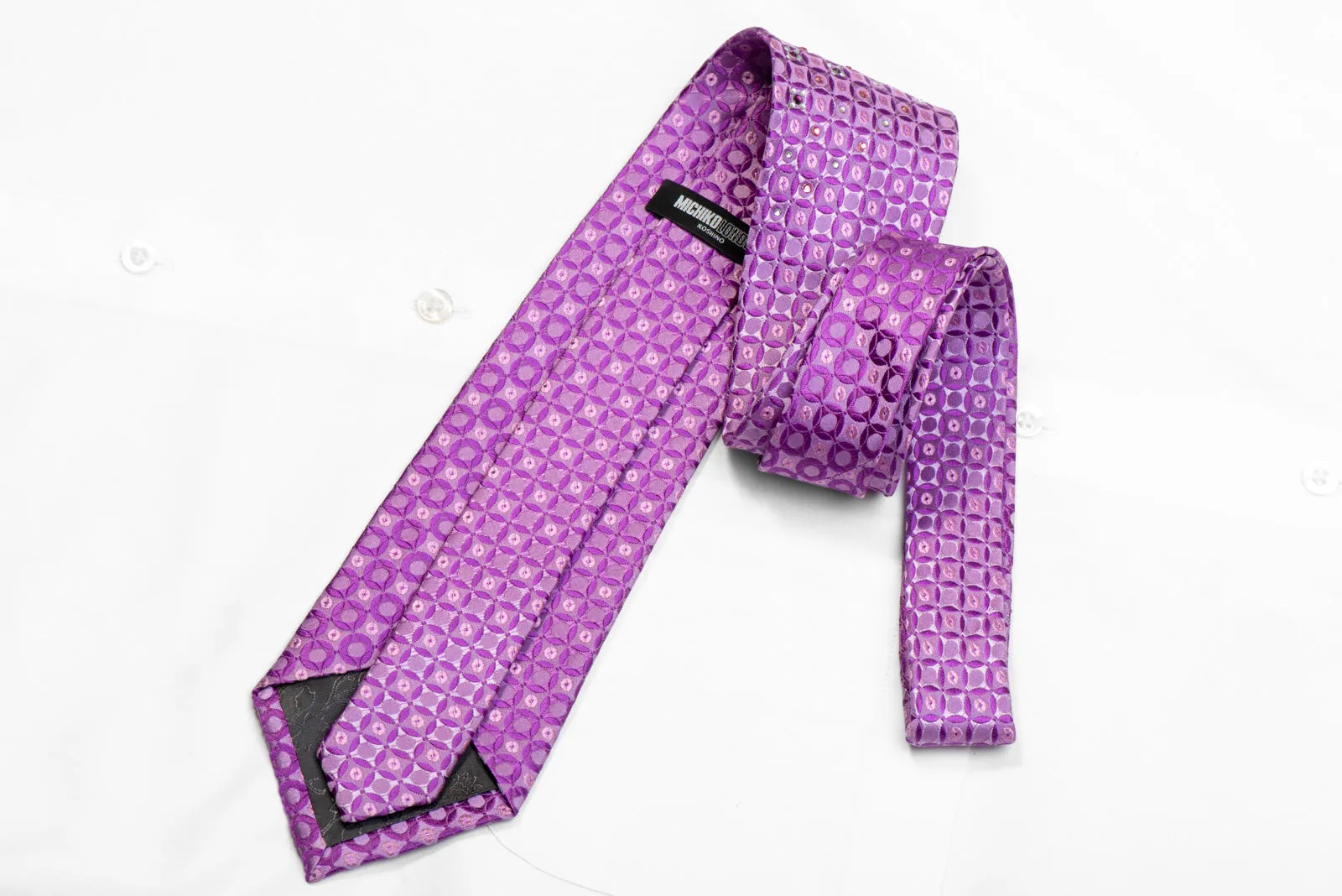 Geometric  On Mauve Rhinestone Silk Necktie With Purple Sparkles