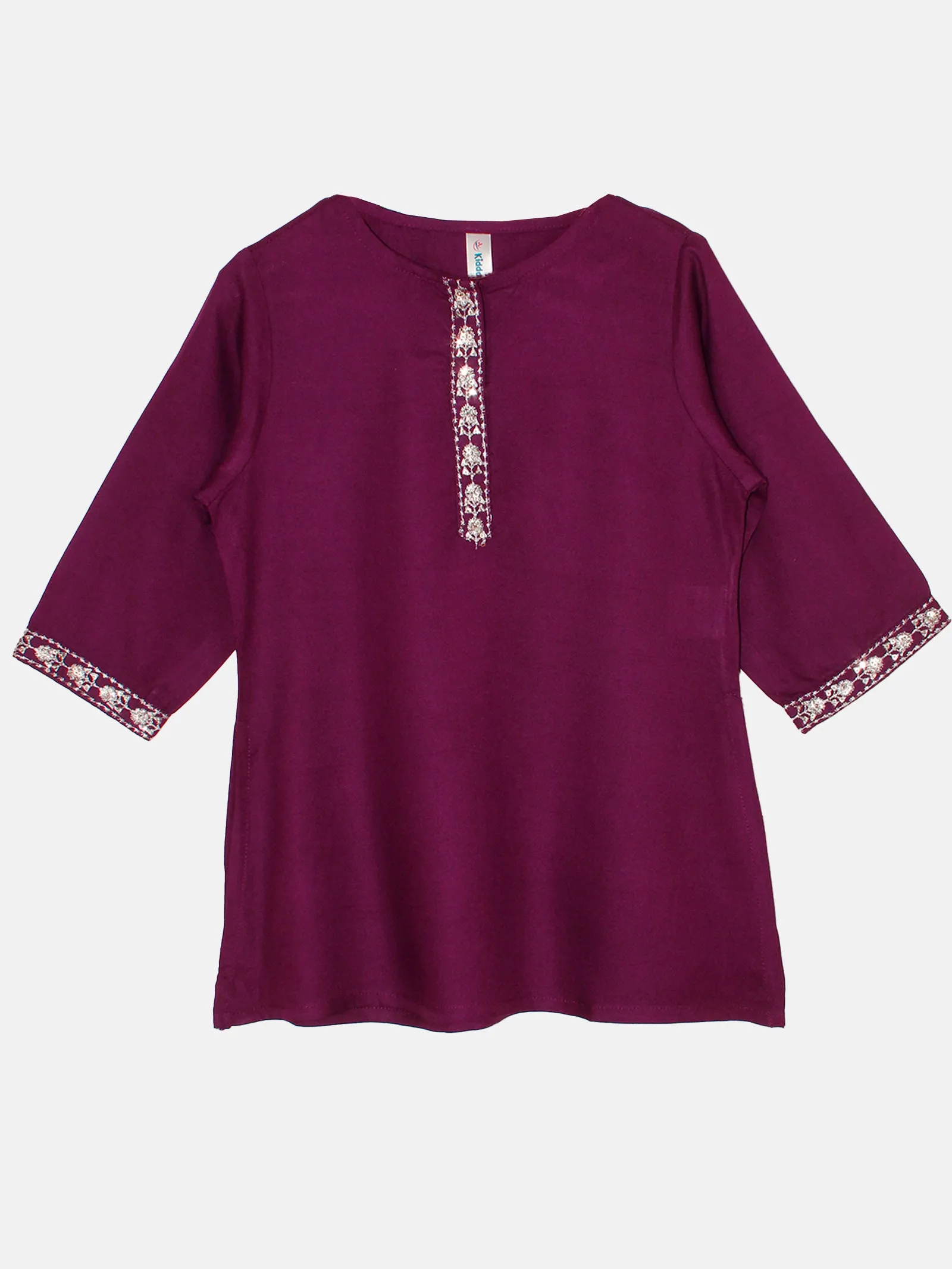 Girls 3/4Th Sleeve Short Kurta & Printed Patiala Pant Set