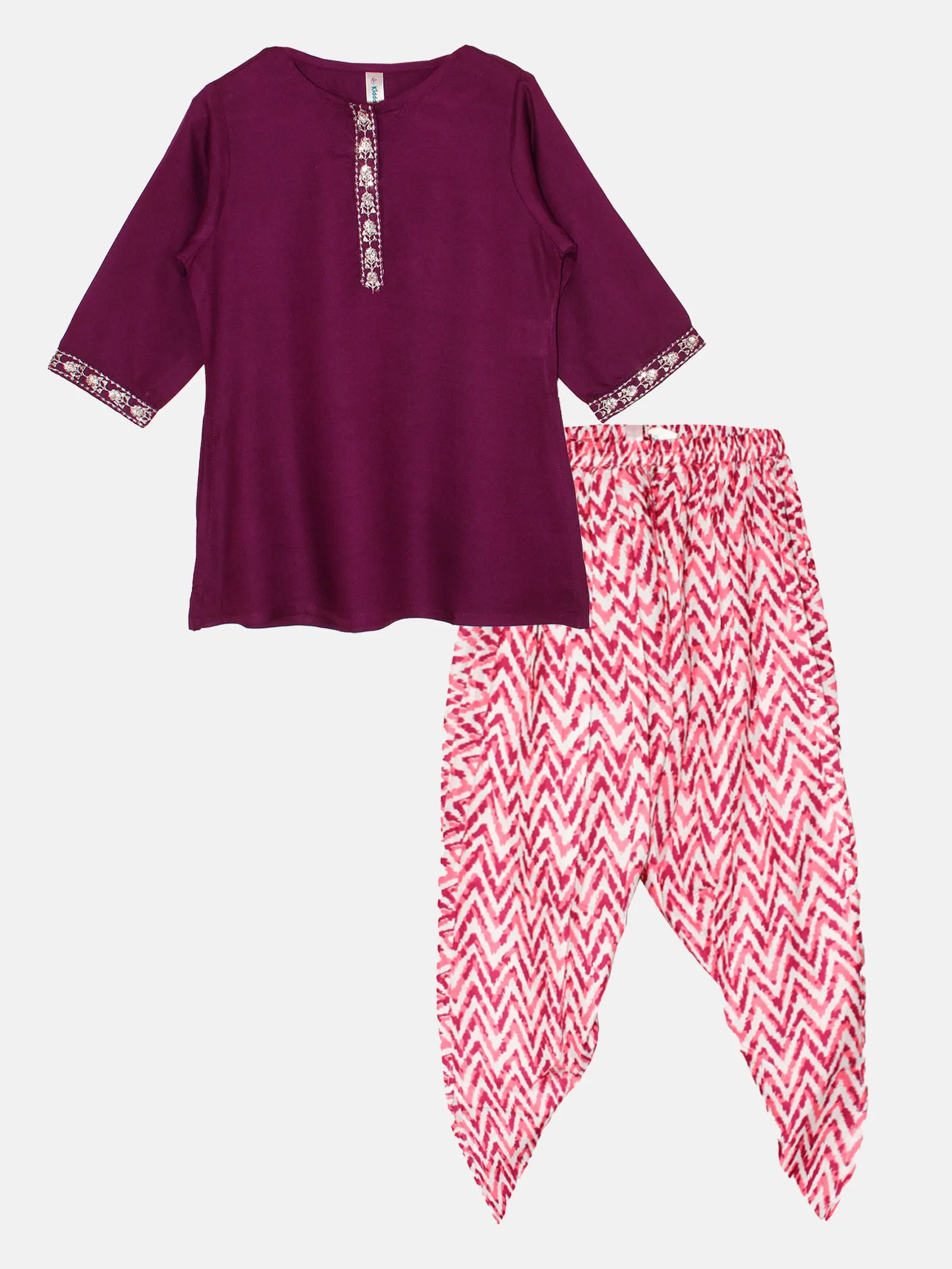 Girls 3/4Th Sleeve Short Kurta & Printed Patiala Pant Set