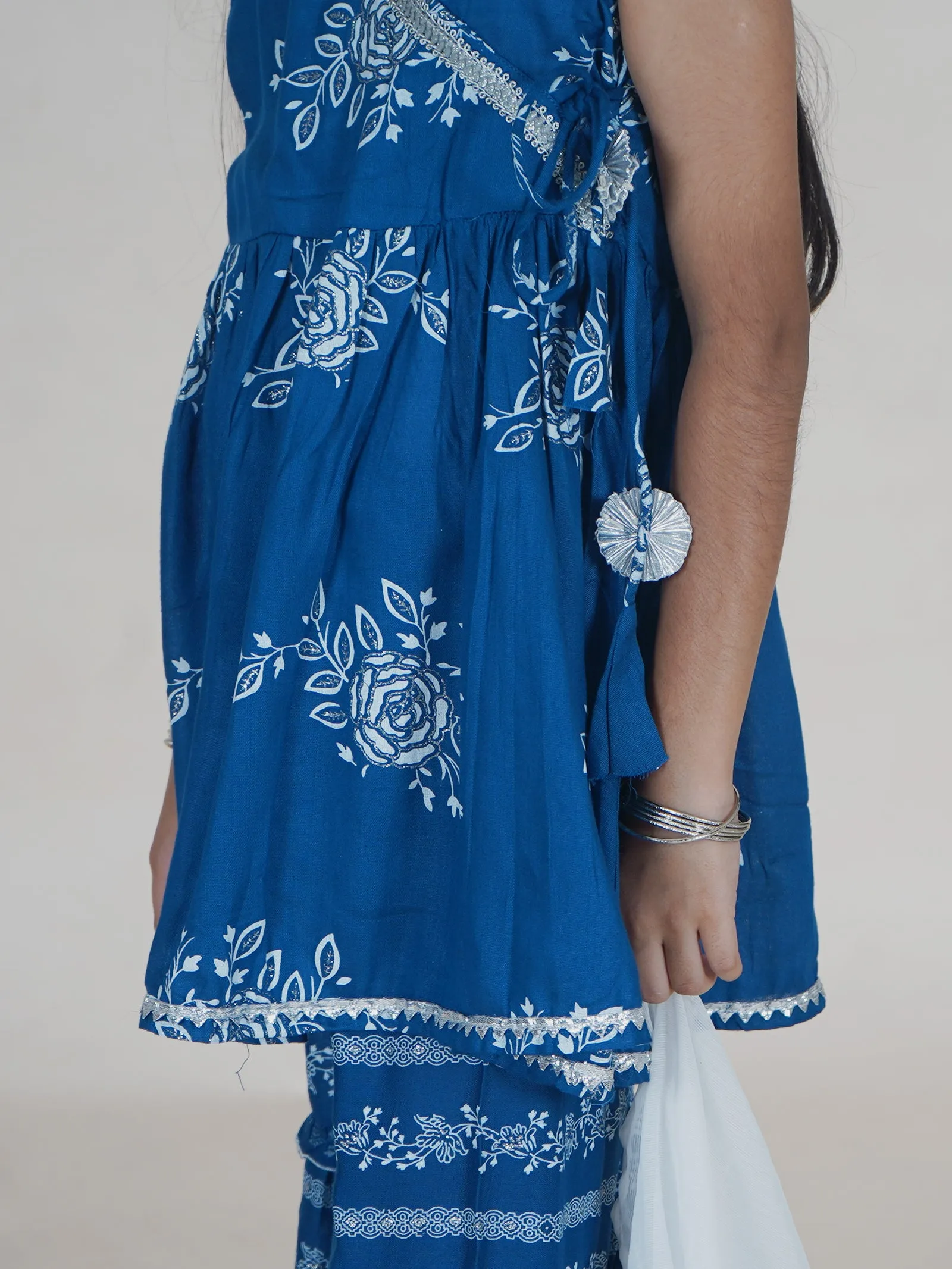 Girls Flower Printed Glitter Sleeveless Kurta With Sharara & Dupatta