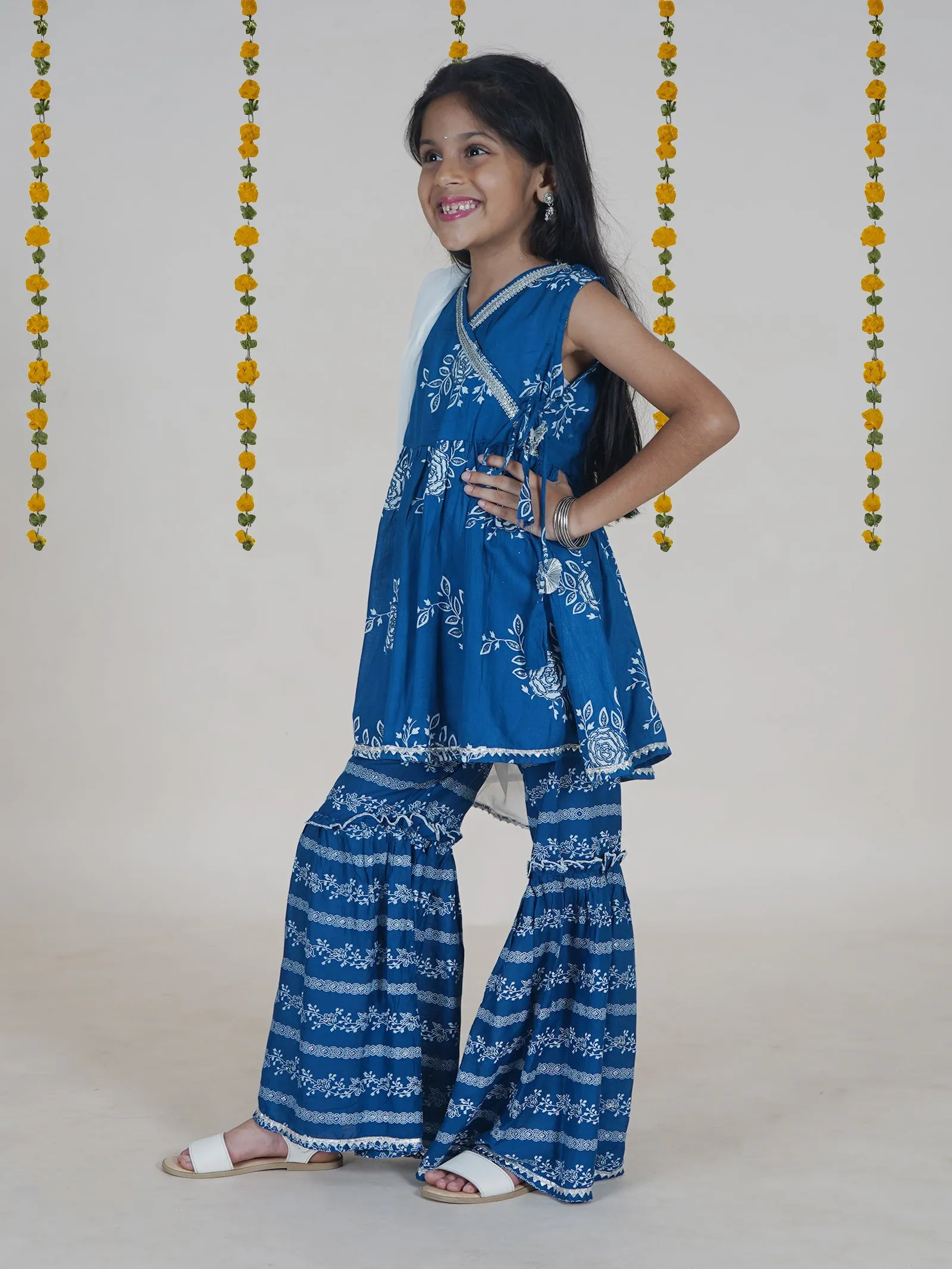 Girls Flower Printed Glitter Sleeveless Kurta With Sharara & Dupatta
