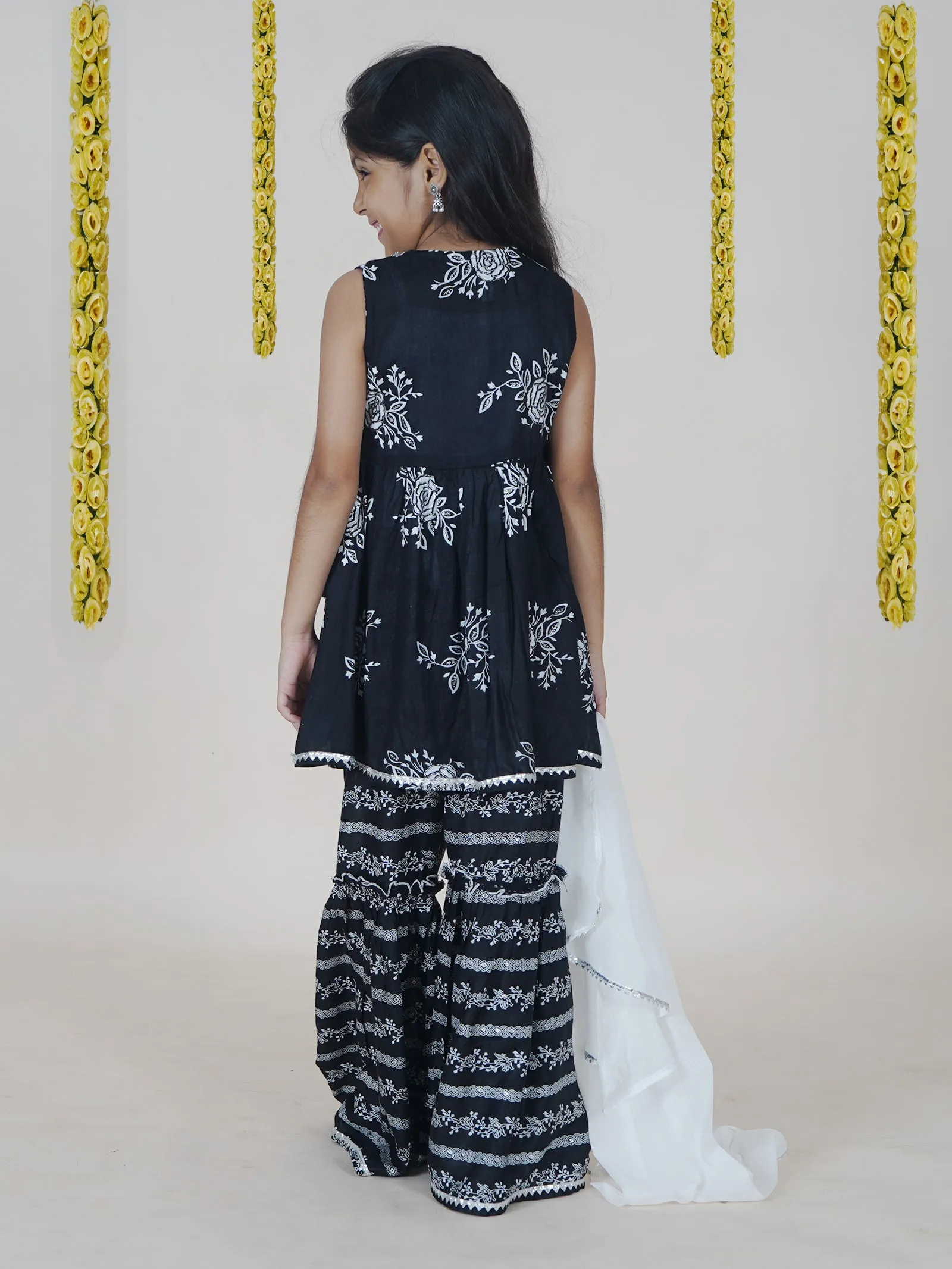 Girls Flower Printed Glitter Sleeveless Kurta With Sharara & Dupatta