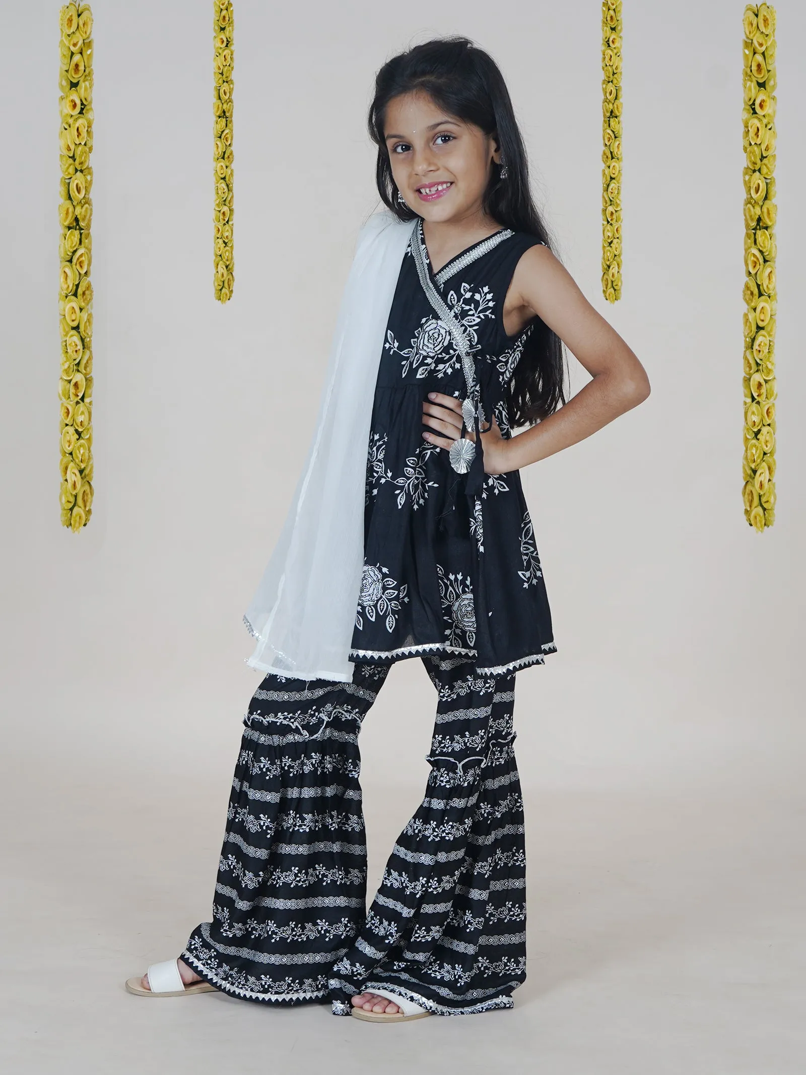Girls Flower Printed Glitter Sleeveless Kurta With Sharara & Dupatta