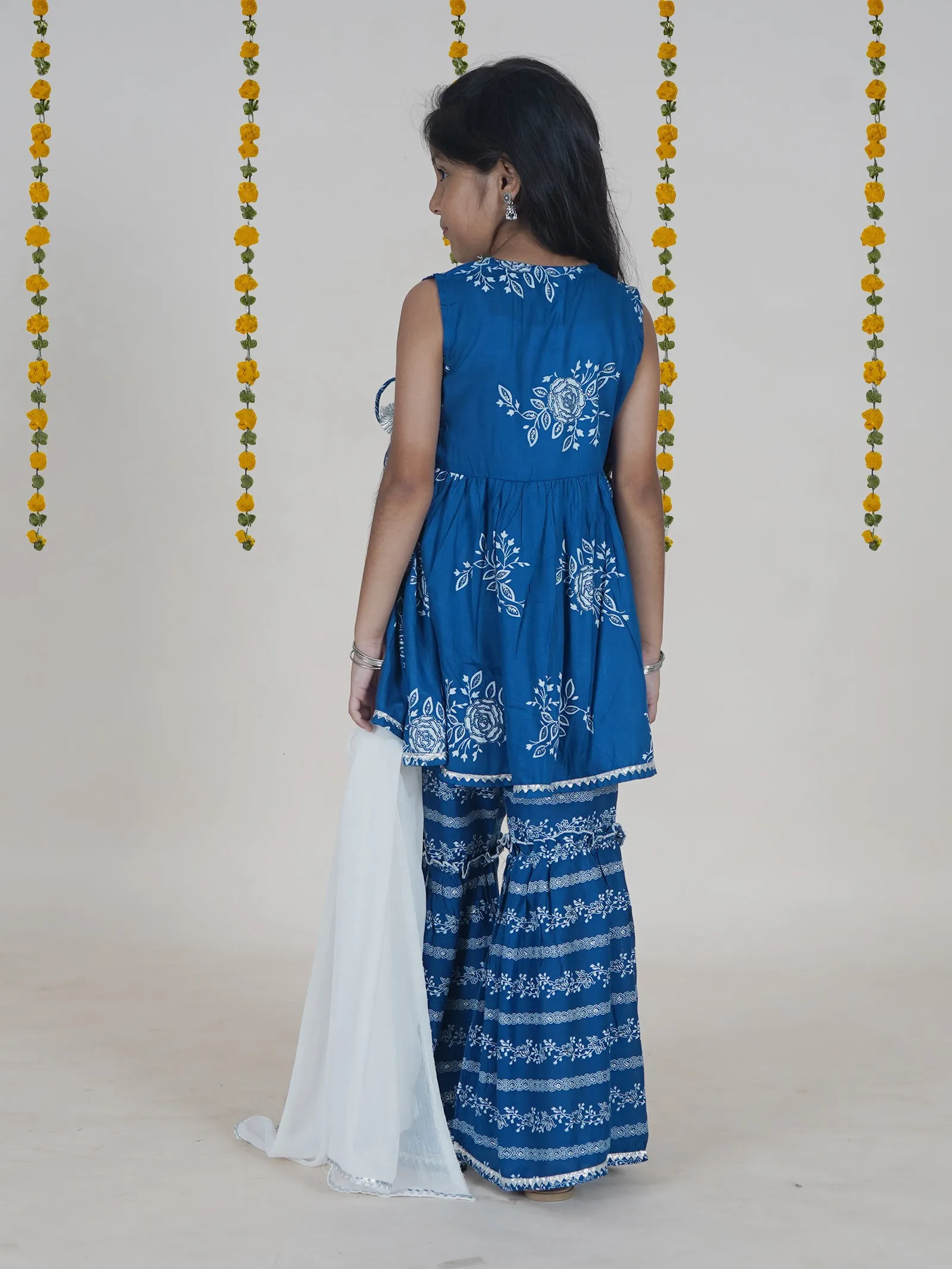 Girls Flower Printed Glitter Sleeveless Kurta With Sharara & Dupatta
