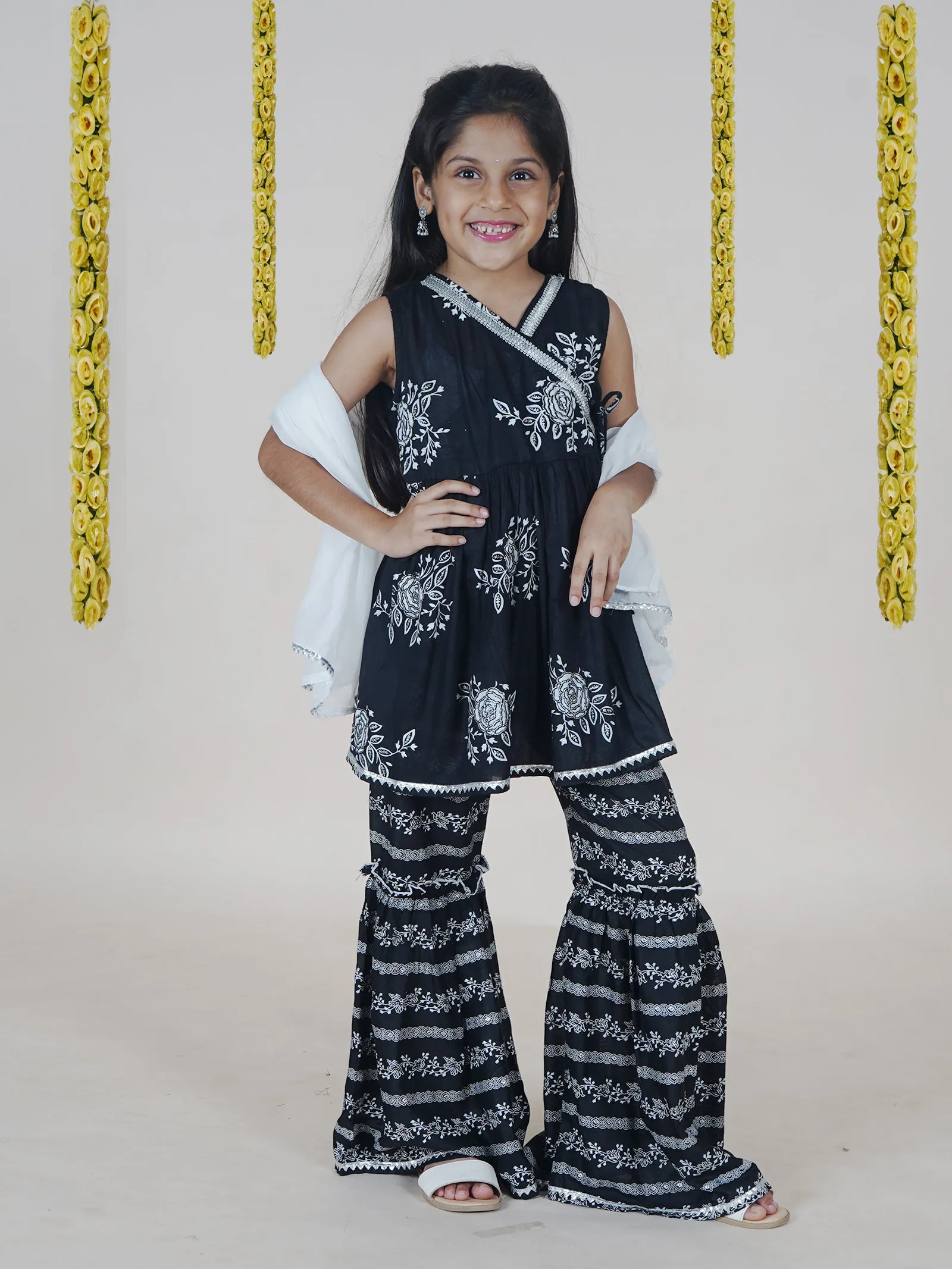 Girls Flower Printed Glitter Sleeveless Kurta With Sharara & Dupatta