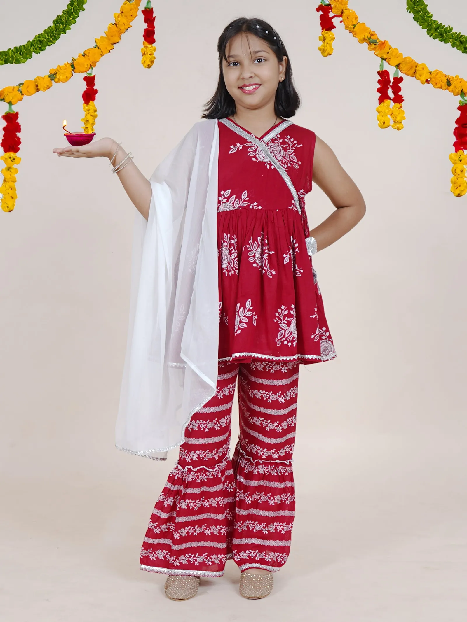 Girls Flower Printed Glitter Sleeveless Kurta With Sharara & Dupatta