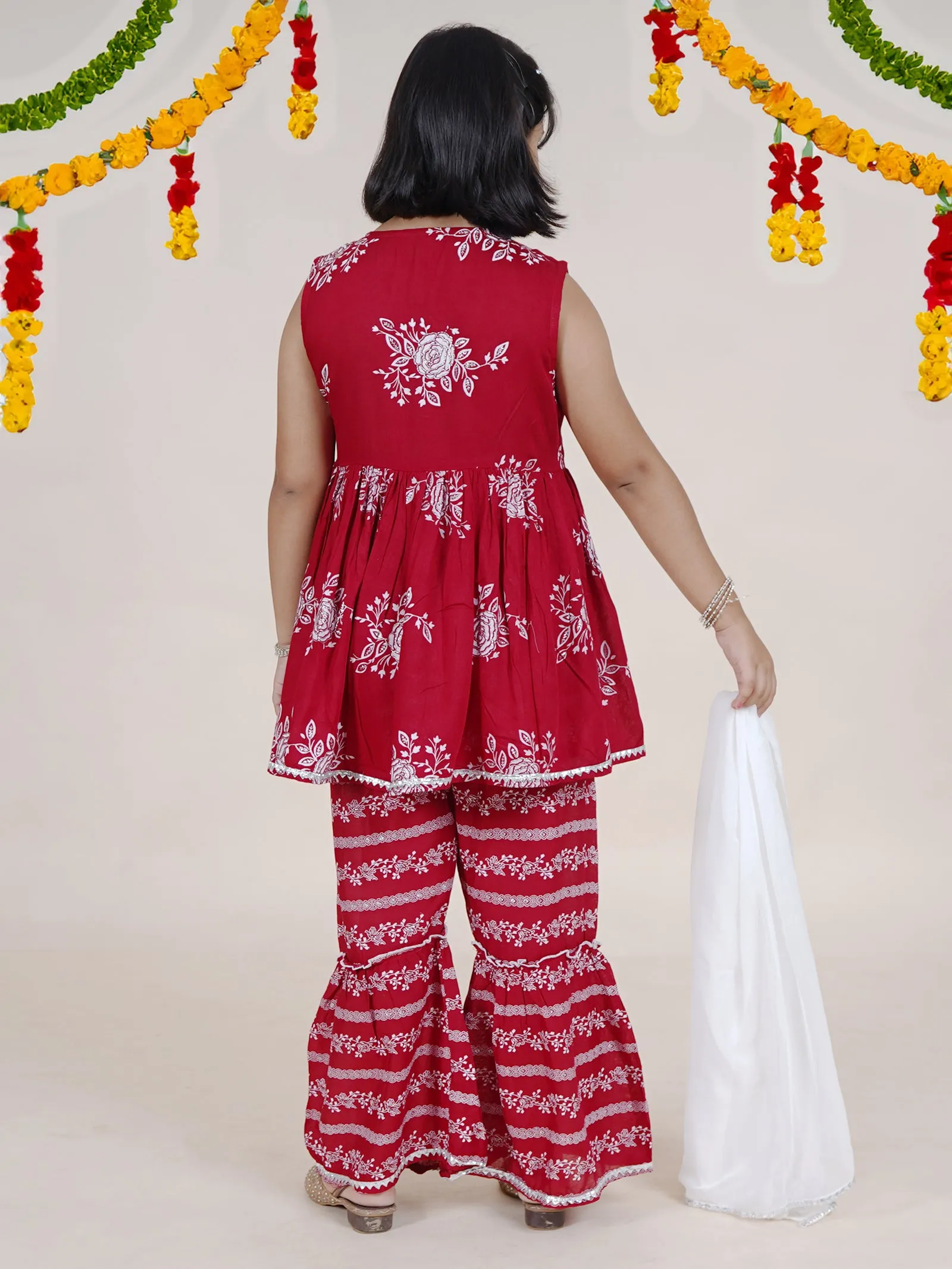 Girls Flower Printed Glitter Sleeveless Kurta With Sharara & Dupatta