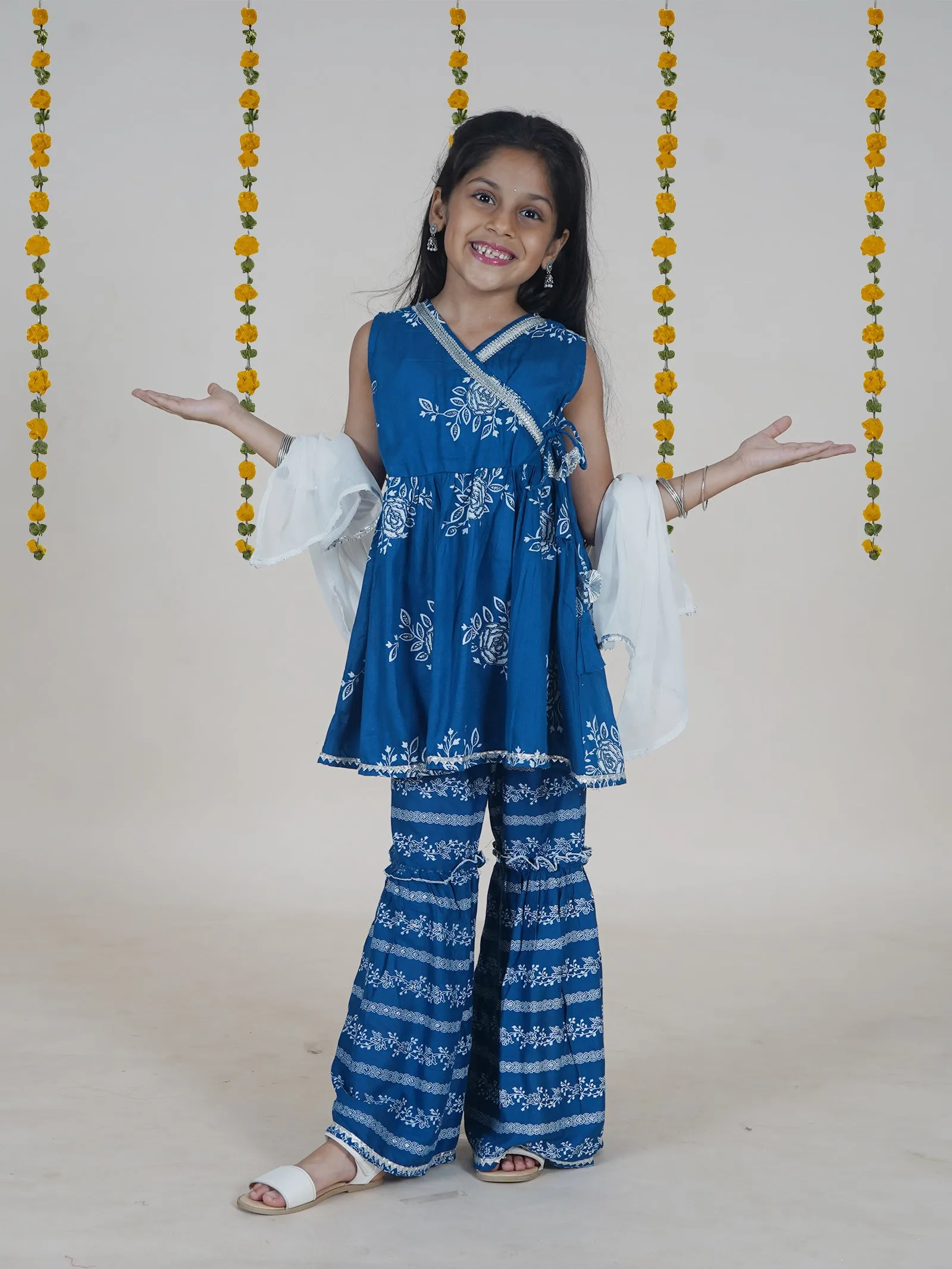 Girls Flower Printed Glitter Sleeveless Kurta With Sharara & Dupatta