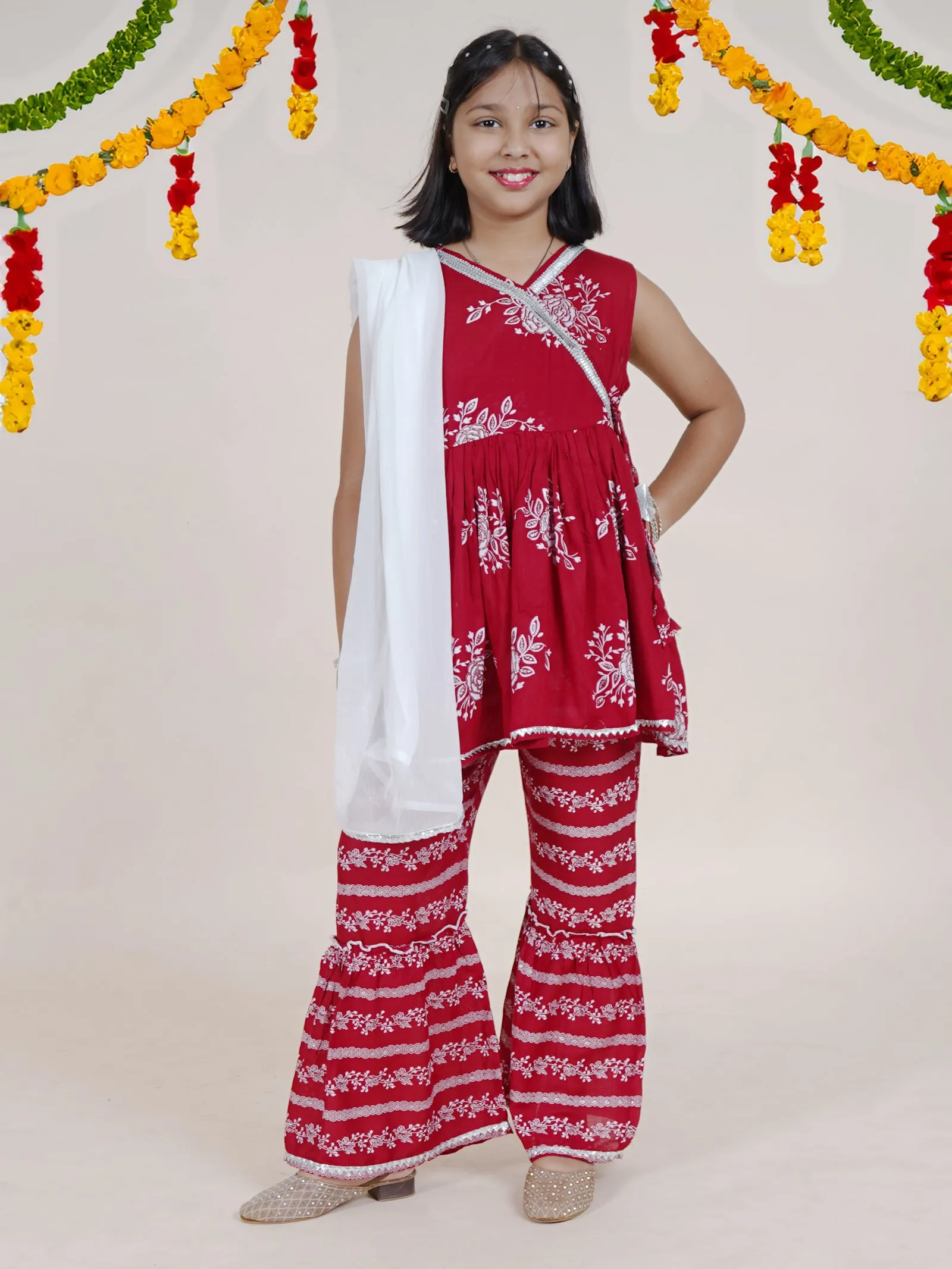 Girls Flower Printed Glitter Sleeveless Kurta With Sharara & Dupatta