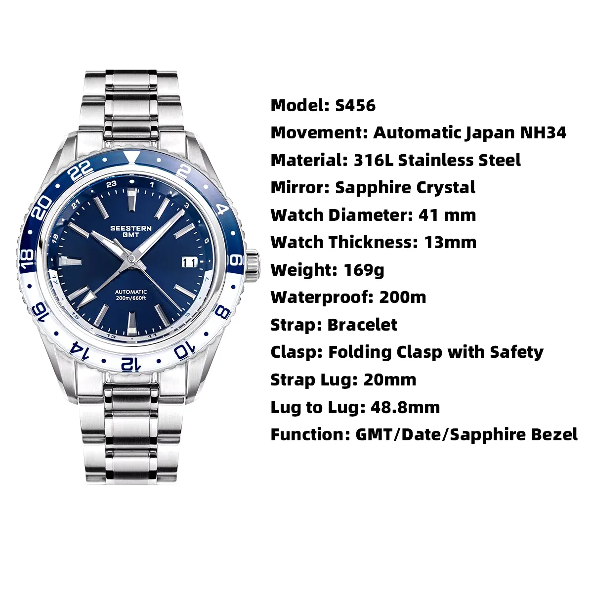GMT Diver Men Watch Grand NH34 Movement Panda Automatic Mechanical 200M Waterproof Luxury Wristwatches Ceramic New S456