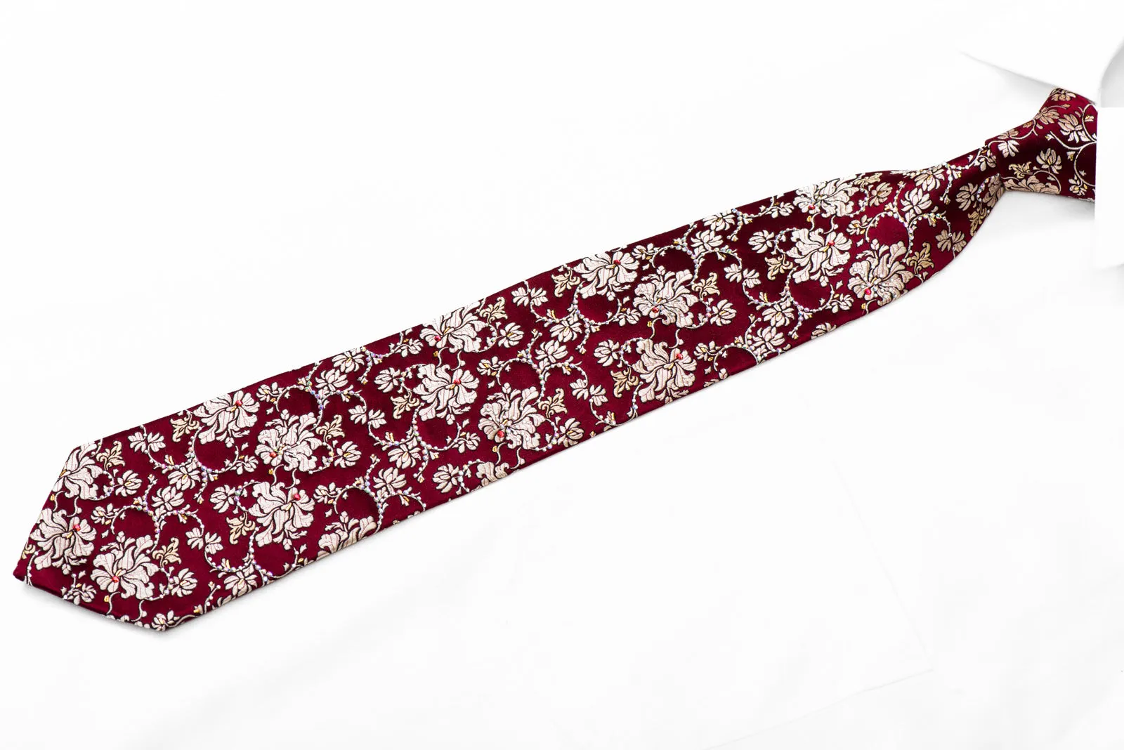 Gold Anthemion Floral On Burgundy Silk Necktie With Gold Sparkles