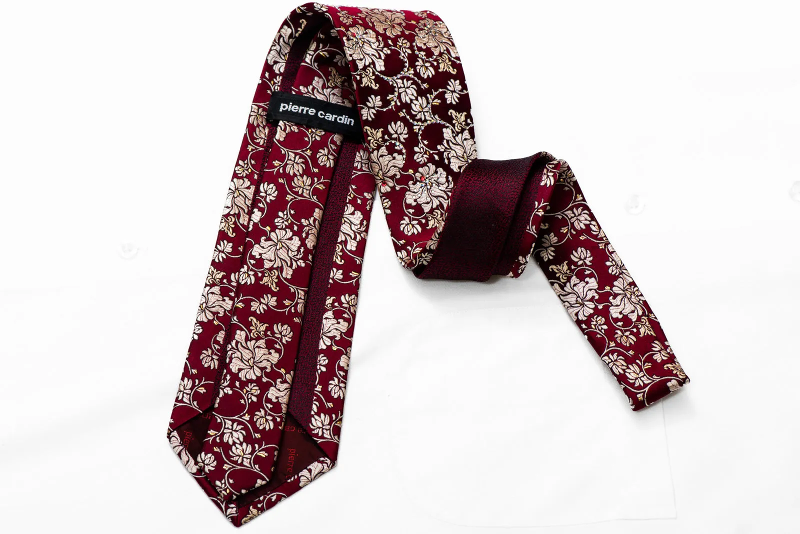 Gold Anthemion Floral On Burgundy Silk Necktie With Gold Sparkles