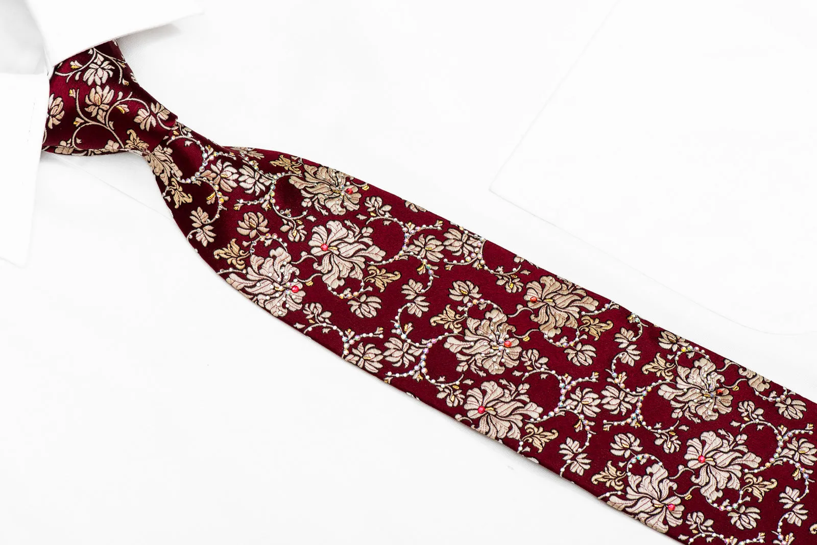 Gold Anthemion Floral On Burgundy Silk Necktie With Gold Sparkles