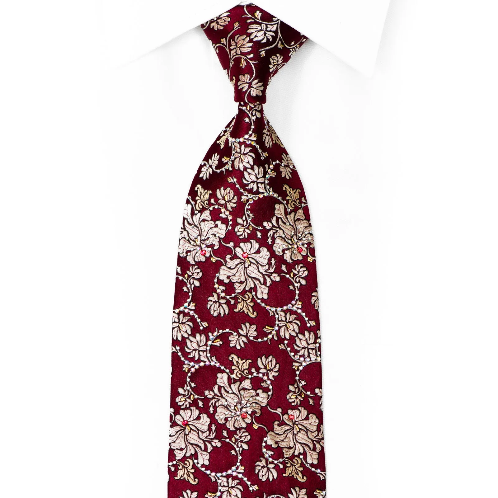 Gold Anthemion Floral On Burgundy Silk Necktie With Gold Sparkles