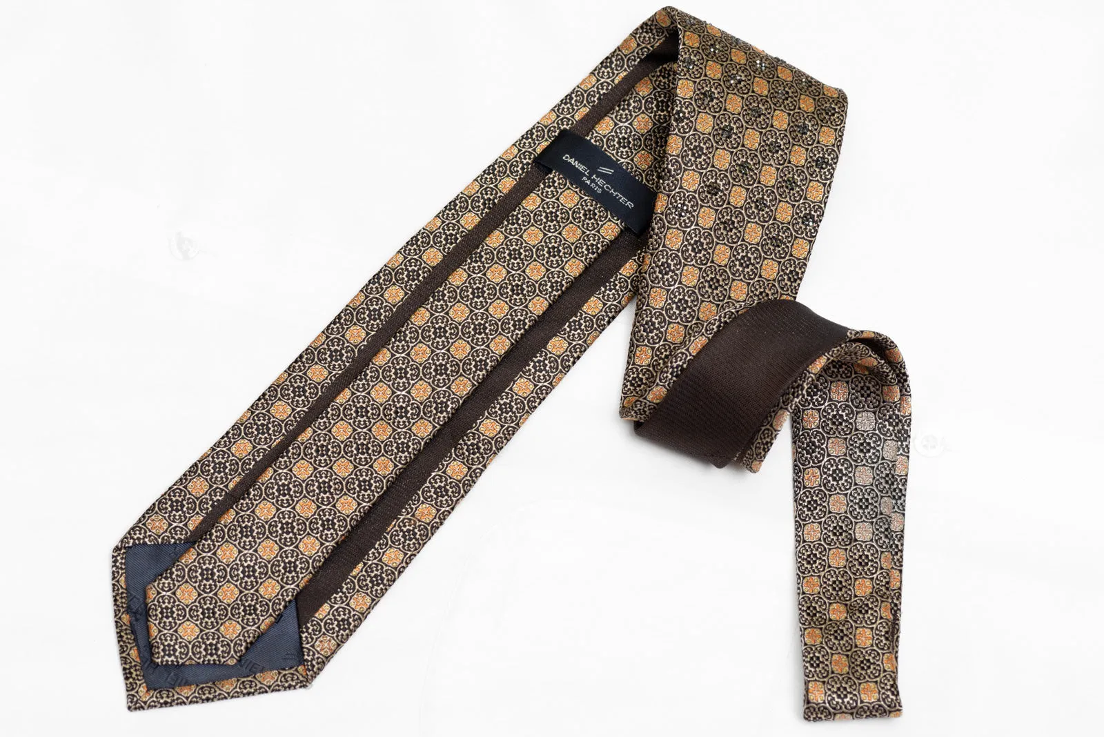 Gold Cartouche On Black Rhinestone Silk Necktie With Gold Sparkles