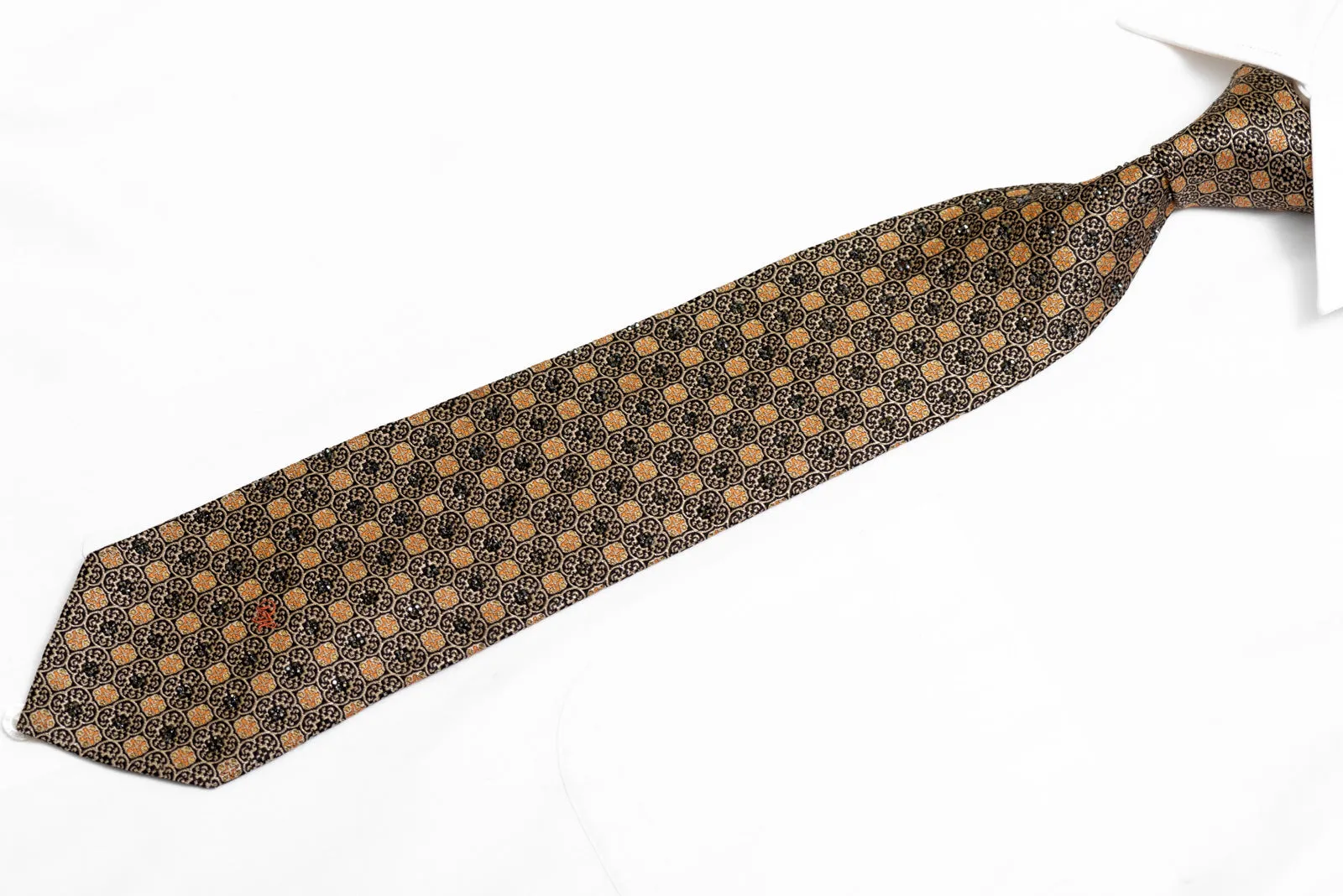 Gold Cartouche On Black Rhinestone Silk Necktie With Gold Sparkles