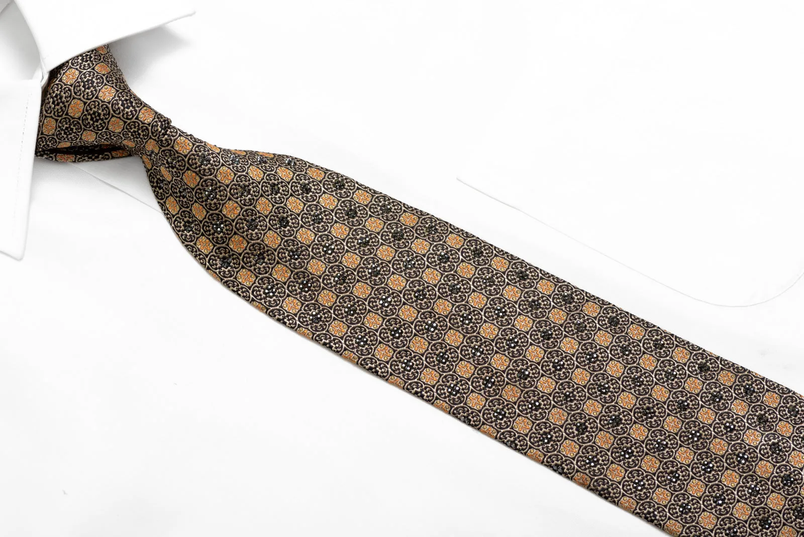 Gold Cartouche On Black Rhinestone Silk Necktie With Gold Sparkles