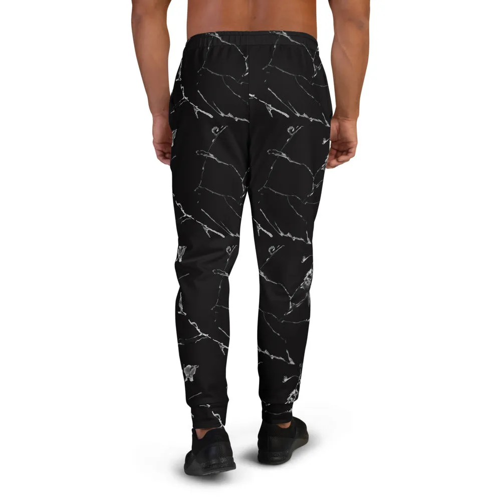 Gray Marble Print Men's Joggers, Premium Black Marble Abstract Print Men's Sweatpants-Made in EU/MX/USA