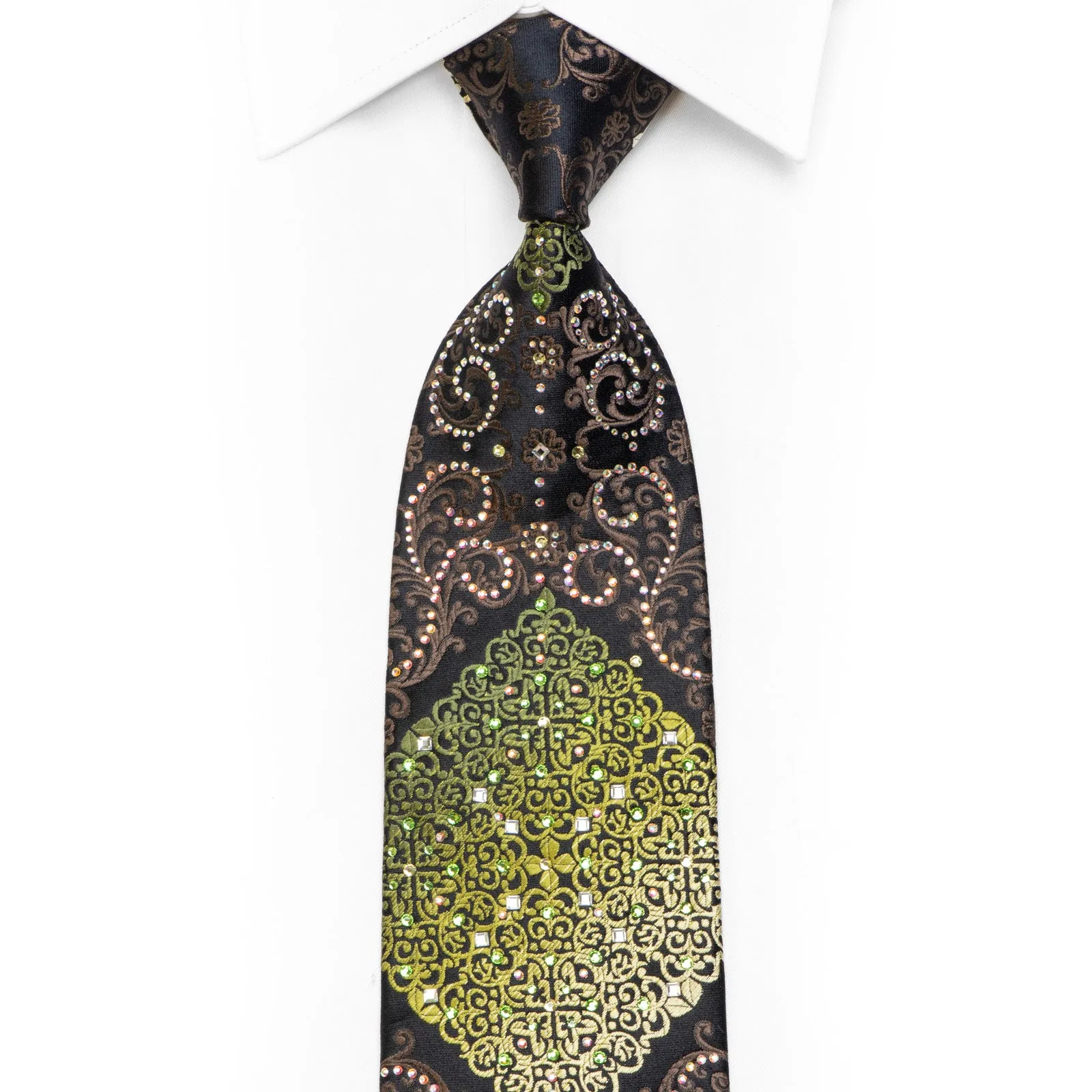 Green Brown Damask On Black Rhinestone Silk Necktie
