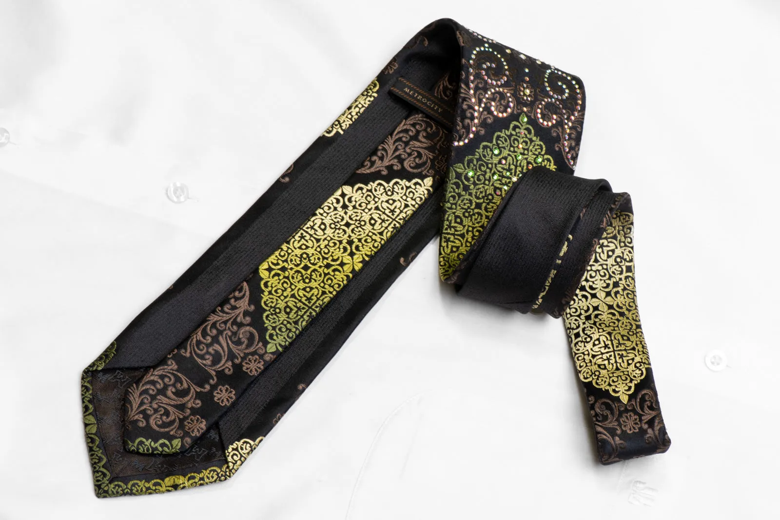 Green Brown Damask On Black Rhinestone Silk Necktie